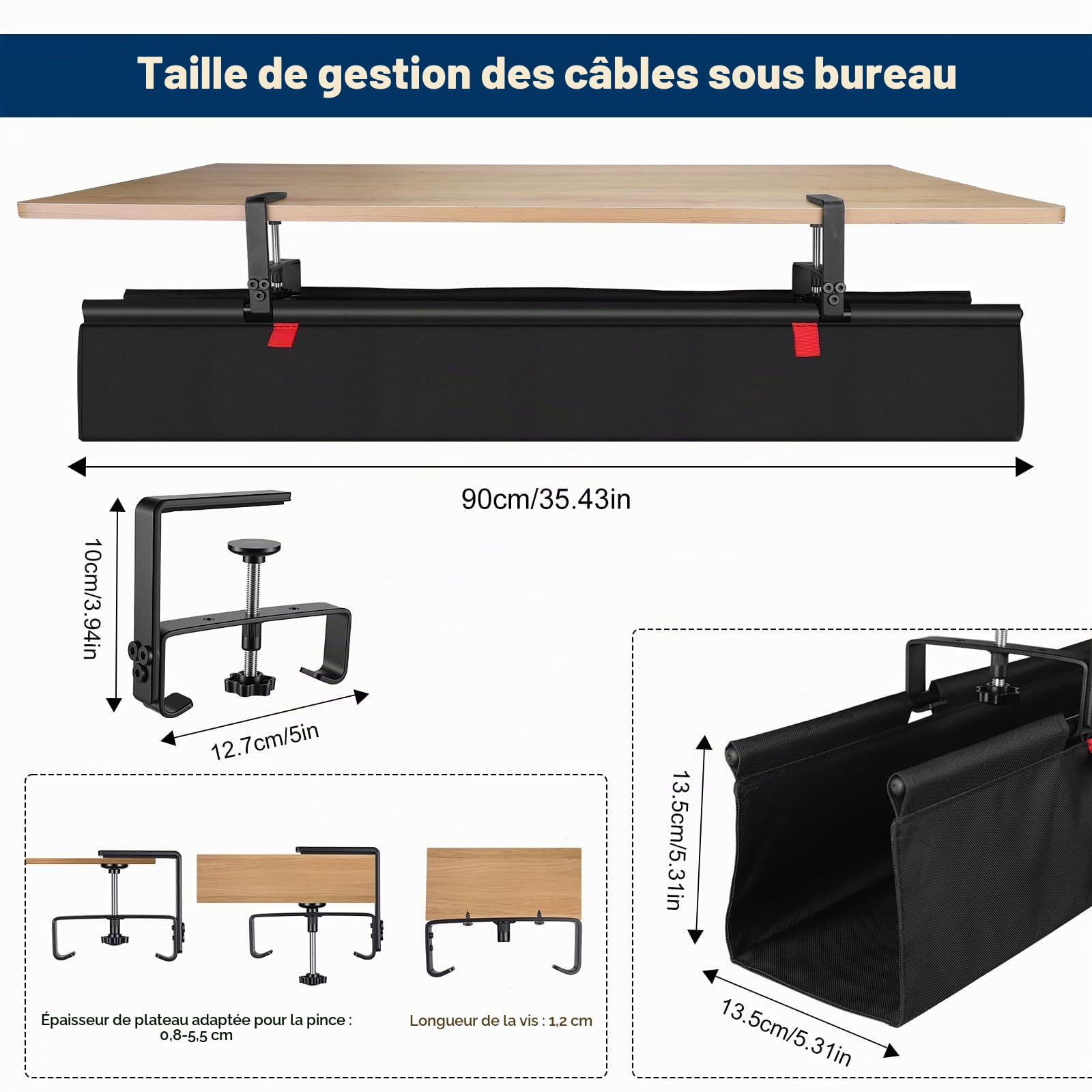Fentar Range Cable Bureau 90cm, Rangement Cable Management Bureau Sans Perçage, Support Multiprise Sous Bureau en Tissu Oxford Solide, Chemin de Câble avec Attache Adhésif pour Maison Gaming PC Gamer