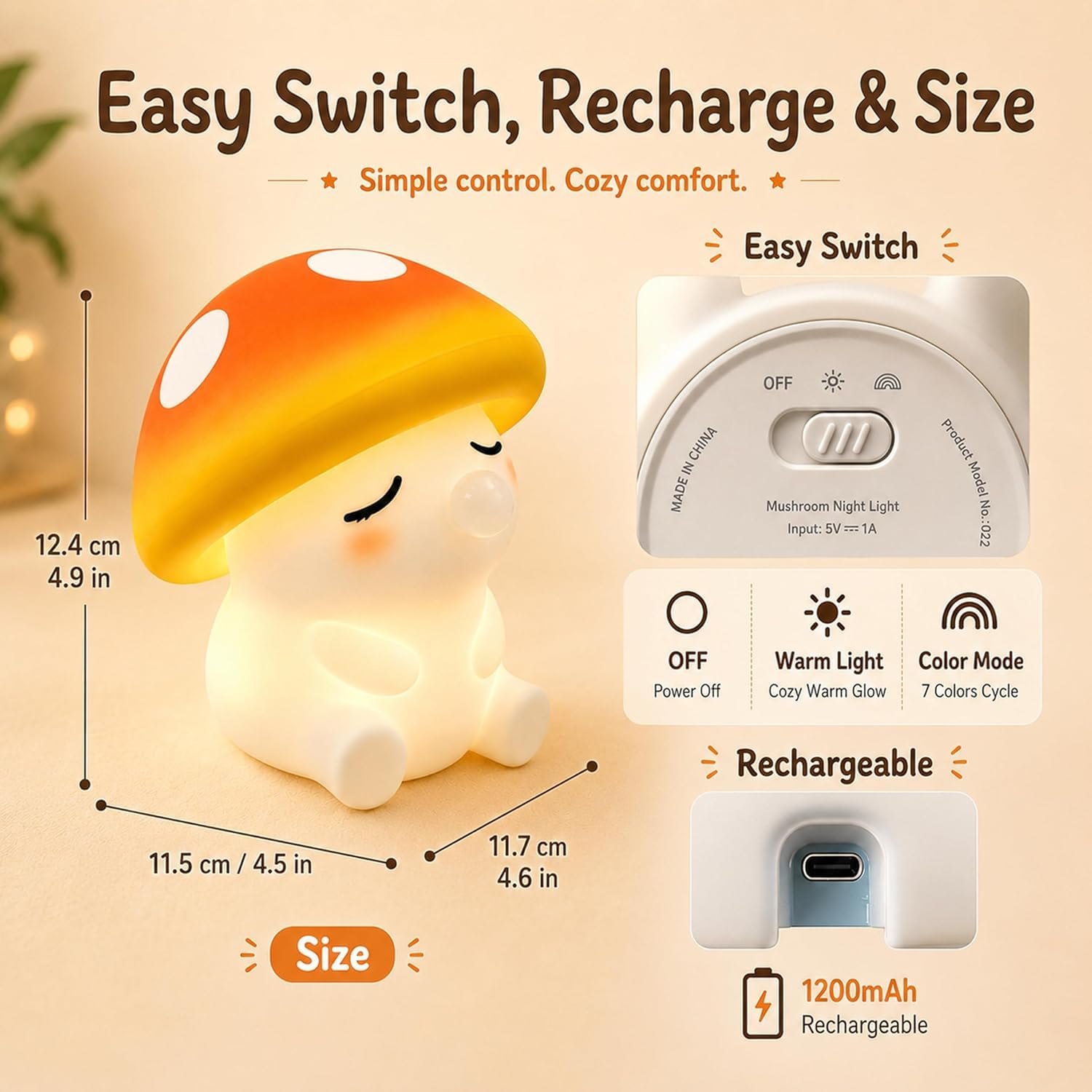 OOWOKS Lampada da notte a forma di fungo in silicone per bambini con comando touch luce bianca calda 3000K e modalità a 7 colori lampada da comodino per neonati dimmerabile lampada LED per bambini
