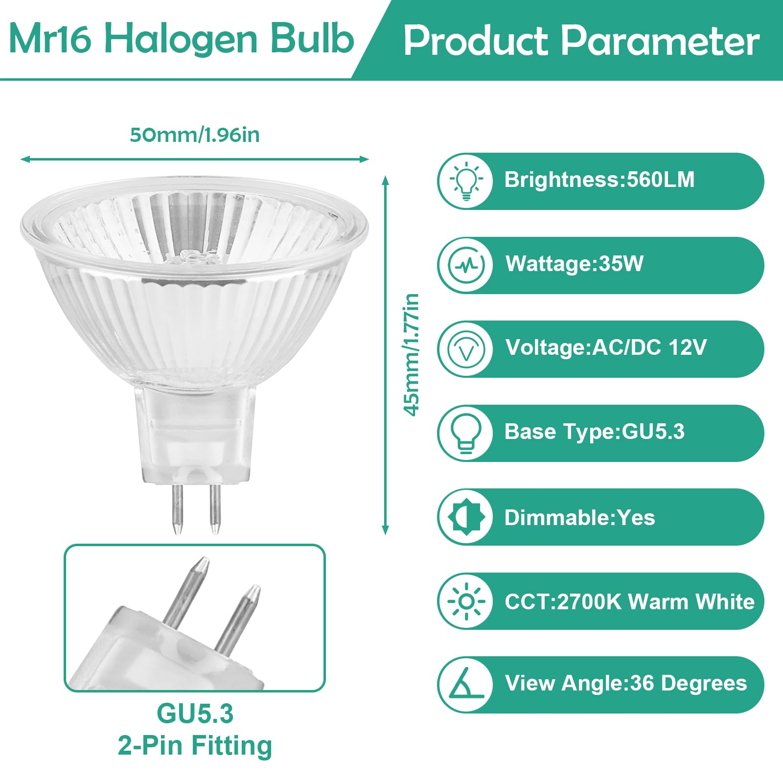 Ampoules Halogènes MR16 GU5.3 - Lot De 6 - 35W 12V - Blanc Chaud 2700K - Pour Spots Et éclairage