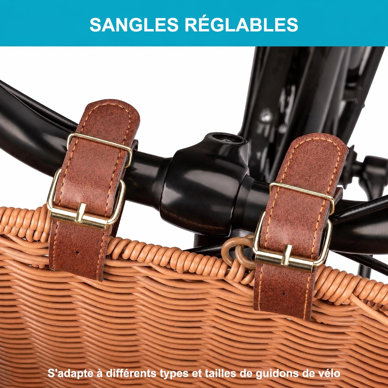 CXWXC Panier de vélo – Panier Avant Durable – Panier de vélo en Osier tressé Fait Main avec Sangles réglables en Cuir végane