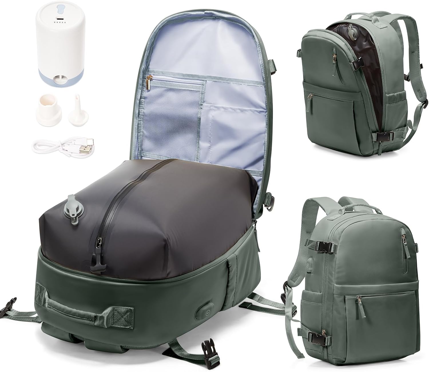 Vacuum Backpack Travel with Pump Women, Carry On Laptop Compression Backpacks Flight Approved, Mochila de Viaje Compresion al Vacio, Waterproof Travel Backpack with Vacuum System Men(green)