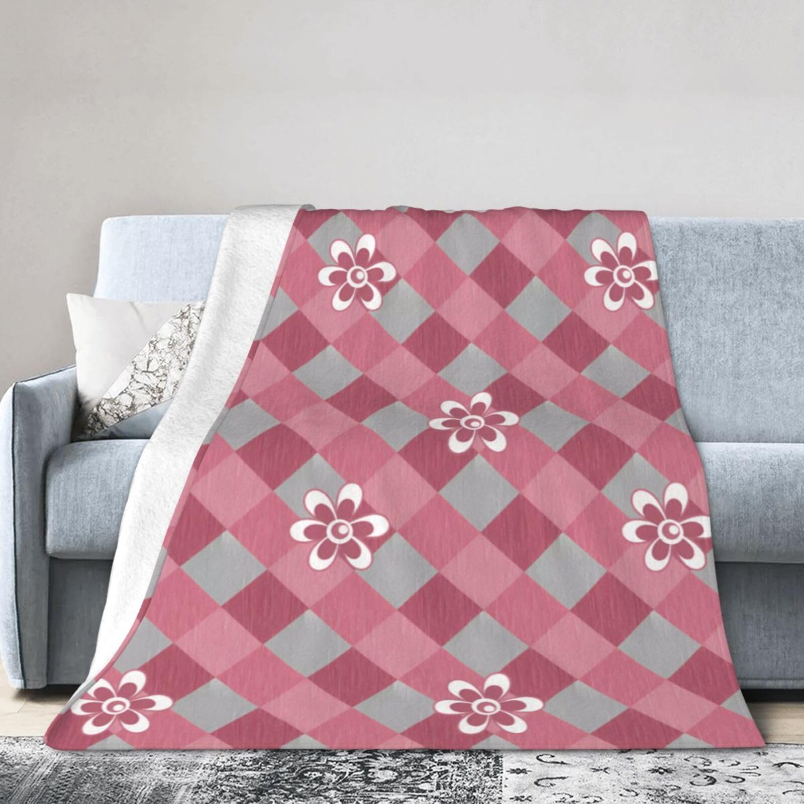 ERTDFXCV Gray And Pink Plaid With Chamomile Flowers Blanket 80"x60"