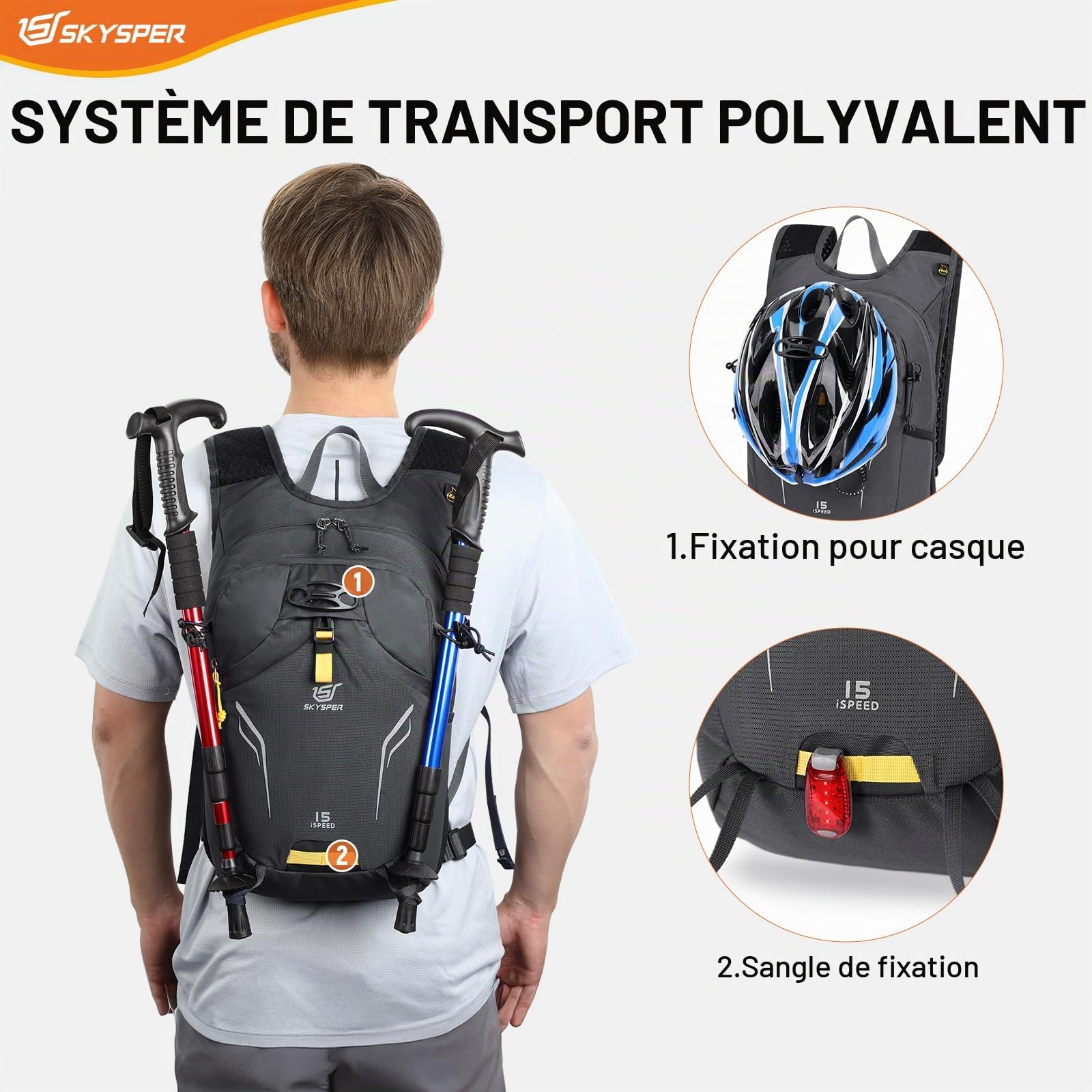 SKYSPER Sac à dos de randonnée 15L léger Sacs à dos de randonnée petit sac à dos de jour Sac à dos de vélo avec porte-casque