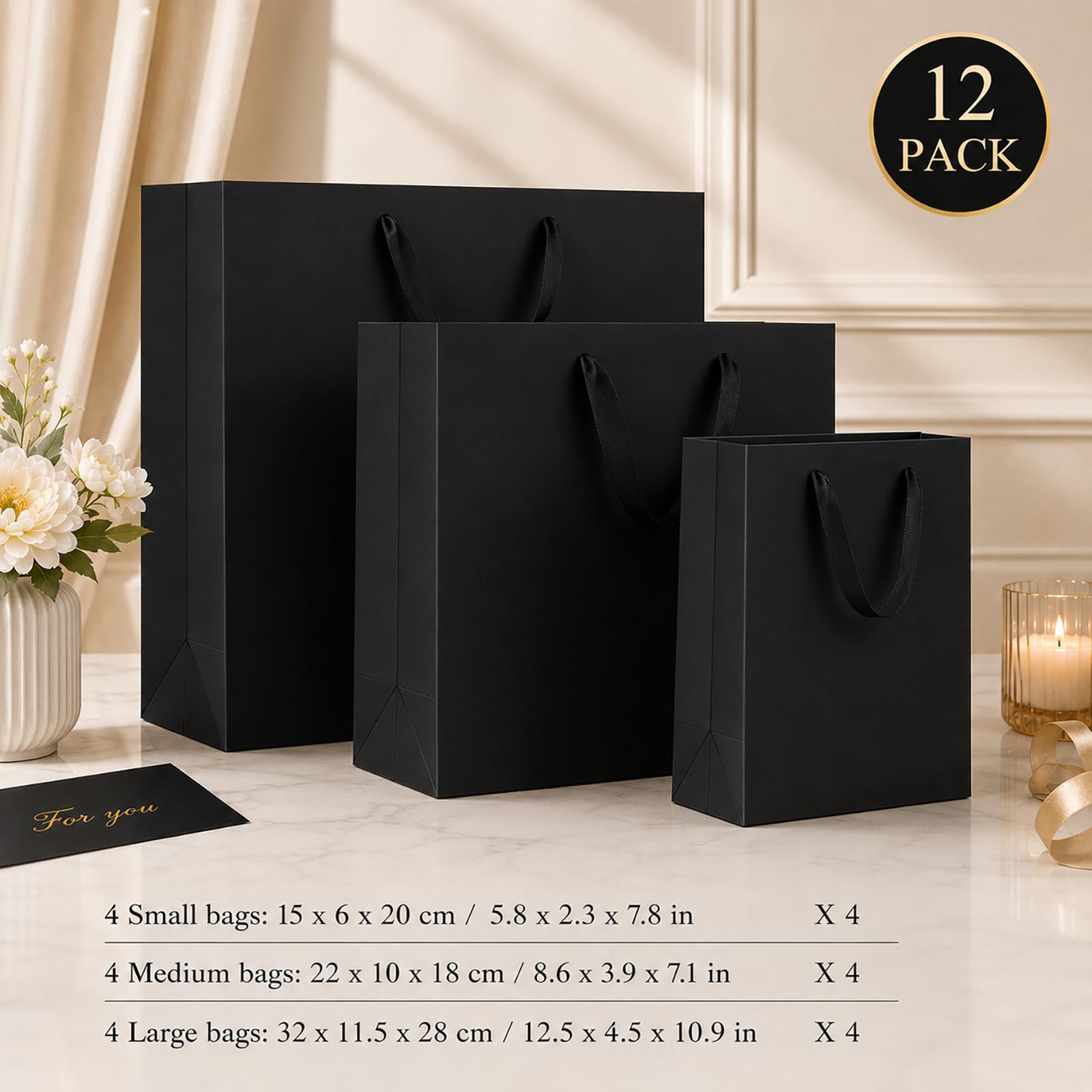 Offizon 12 czarnych torebek prezentowych, papierowych torebek z mieszanym papierem (4 małe 15 cm, 4 średnie 22 cm, 4 duże 32 cm), torebki papierowe z uchwytami na urodziny i święta