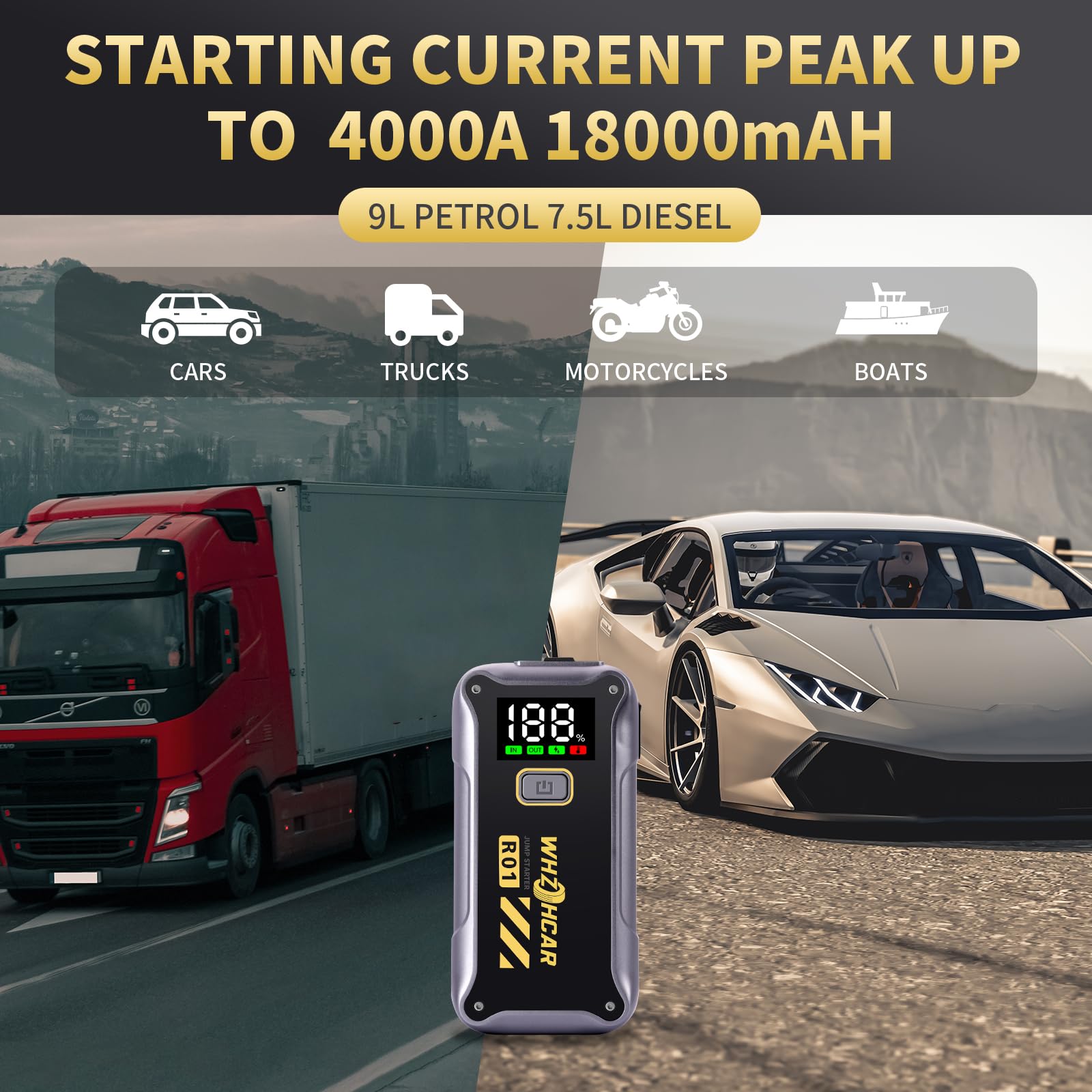 Booster Avviamento Auto 4000A 12V Starter Batteria Auto Portatile Avviatore per auto con schermo LCD Car Jump Starter Cavi Batteria Auto Estesi per auto, camion, moto, SUV, ecc