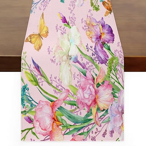 Camino de mesa de flores coloridas mariposas, mantel de lino rústico para cocina de granja, cena, eventos, fiesta, decoración de mesa de vacaciones,