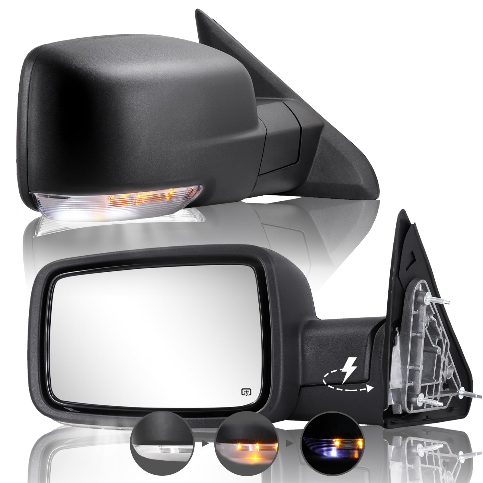 Side Mirror Compatible with Towing Mirror 2009-2018 Dodge Ram 1500 2010-2018 Dodge Ram 2500 3500 4500 5500 with POWER FOLDING Power Adjustment Heated Turn Signal temperature sensor One Pair