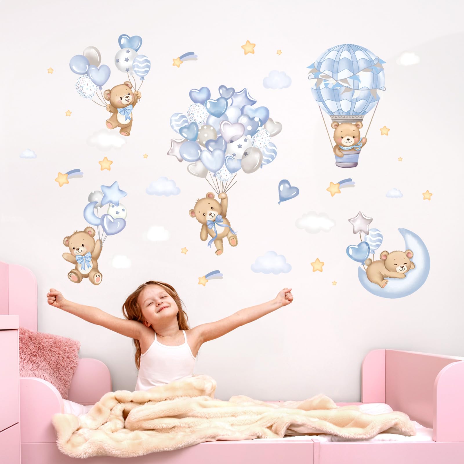 Bambini Adesivi Murali Orsetti con Blu Mongolfiera Stelle Adesivi da Parete Acuarello Stickers Murali Removibili per Decorazione Parete Soggiorno Cameretta Neonati