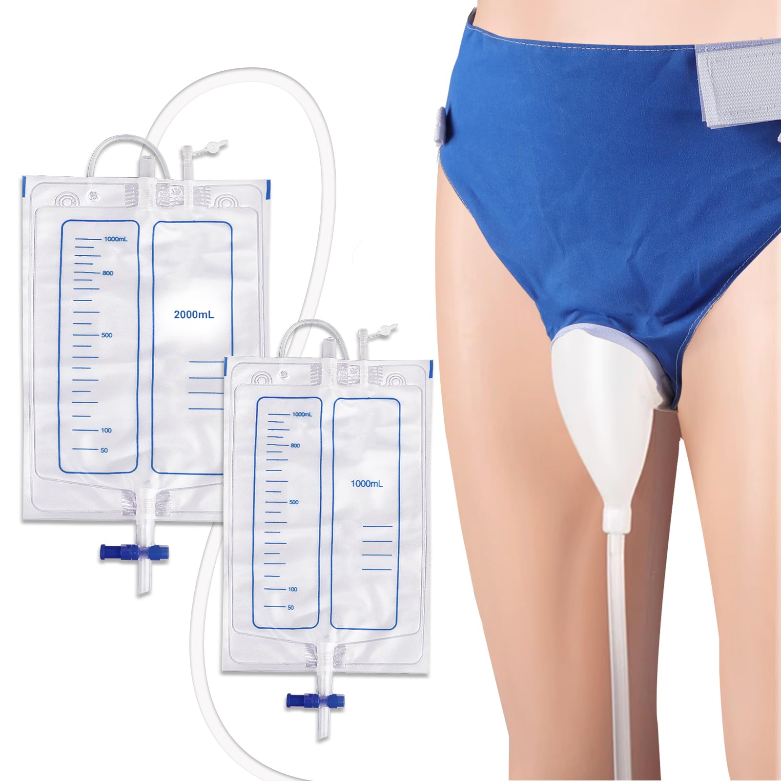 Wearable Urine Collection Set with 2 Drainage Bags (1000ml/2000ml), Reusable Silicone Urine 1.2M Catheter Bag for Men Blue