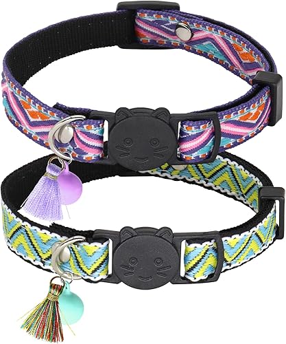 Miniatura 1 de Giecooh Paquete de 2 collares de gato con campanas ajustables con bonito patrón tribal para niños y niñas morado  verde