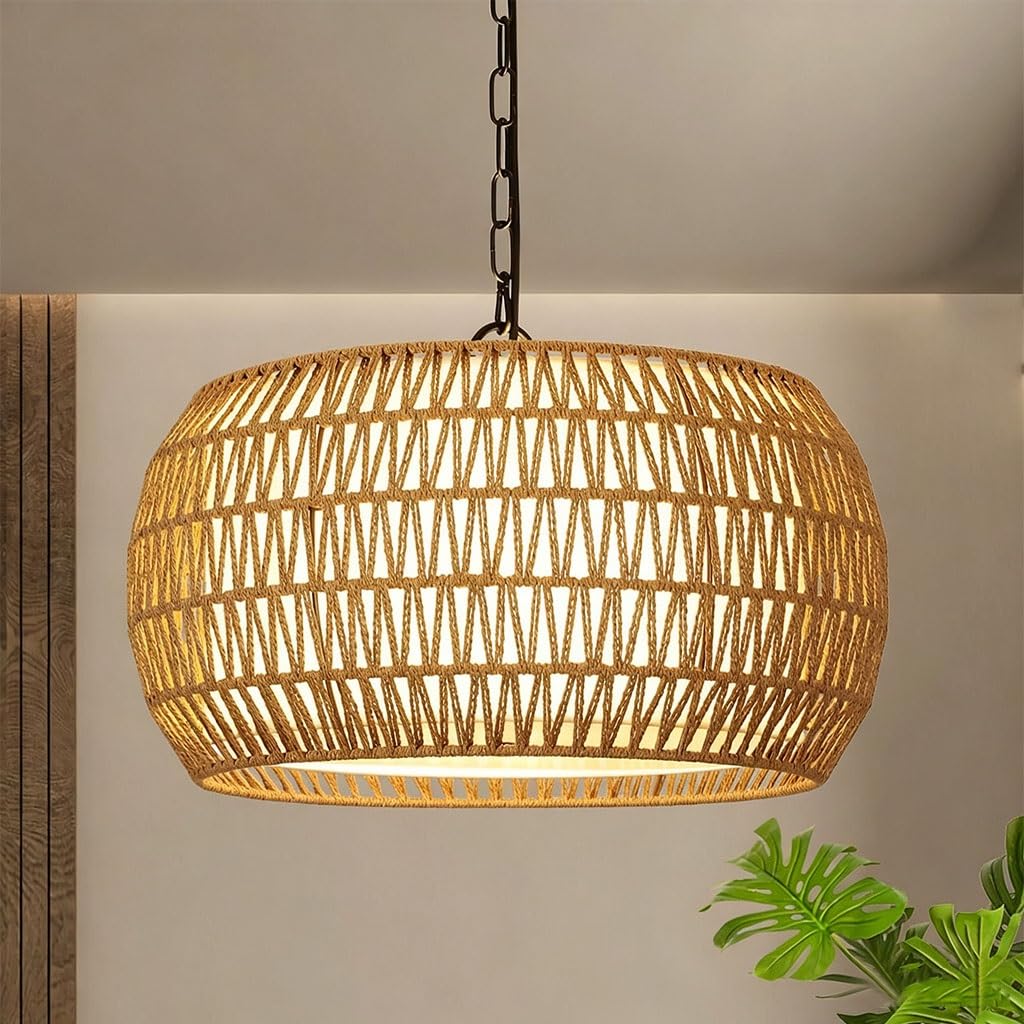 Bohemian Geflochtene Rattan-Trommel-Hängeleuchte Natürliche Weiden Hängelampe Mit Schwarzer Kette Modern Landhausstil Käfig Deckenleuchte Für Esszimmer Kücheninsel Schlafzimmer