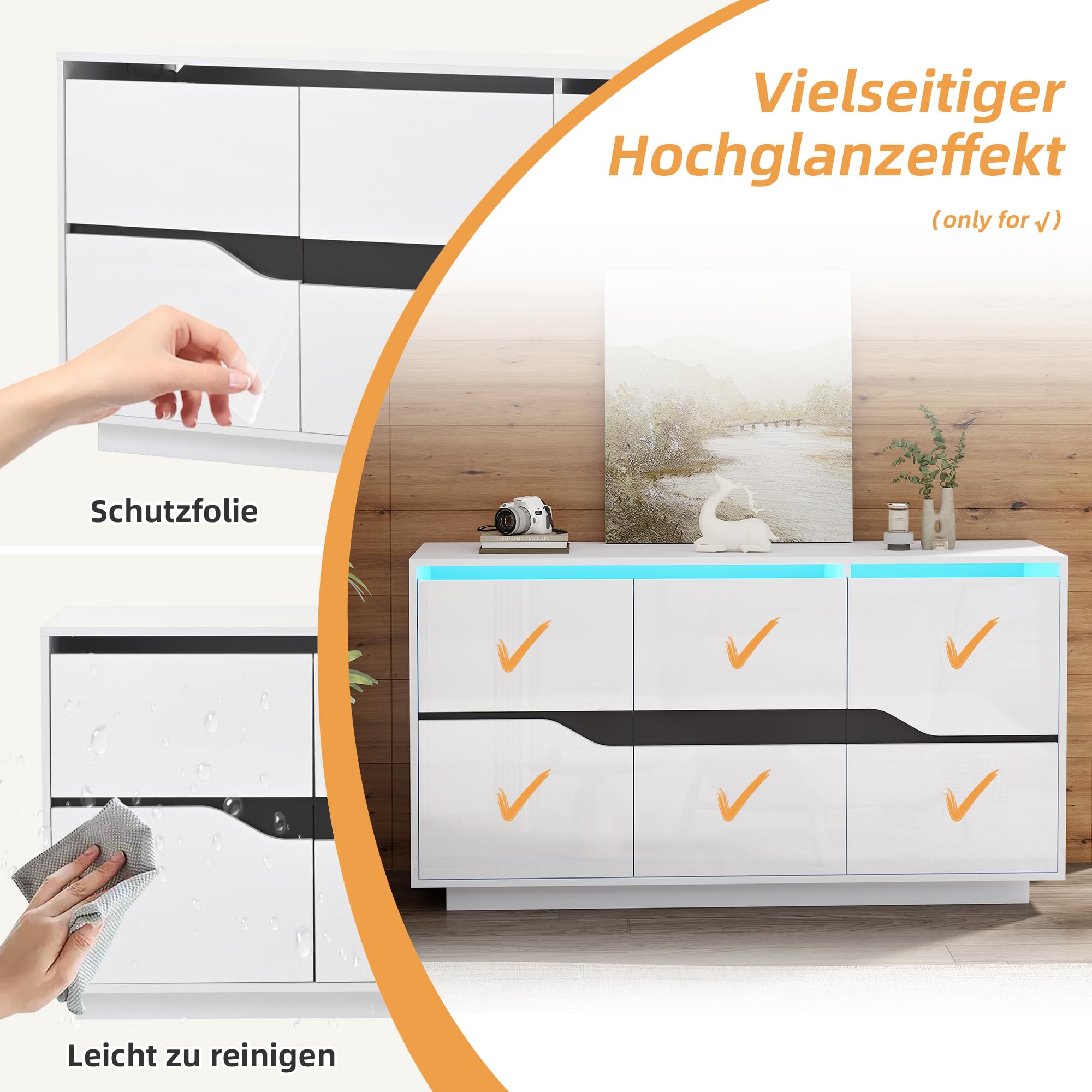 Merax Sideboard Hochglanz Weiß mit LED, Küchenschrank mit 3 Türen, Anrichte mit Verstellbares Regal, Buffetschrank Mehrzweckschrank mit viel Stauraum, Flurschrank für Wohnzimmer, Esszimmer, 140cm