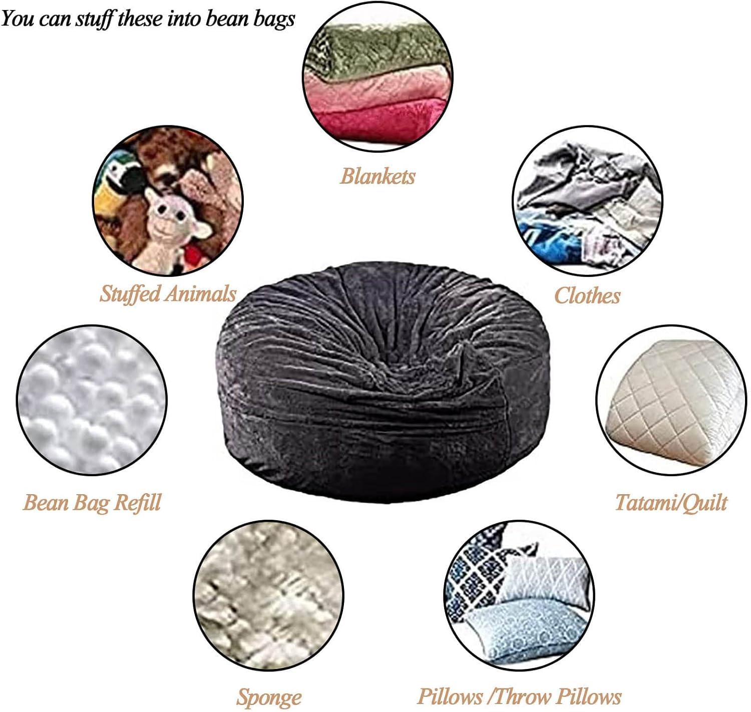 Riesiger Pelz-Sitzsack für Wohnzimmermöbel für Erwachsene, großer runder, weicher, Flauschiger Kunstpelz-Sitzsack (Keine Polsterung), fauler Schlafsofabezug(Farbe:Schwarz,Größe:7ft)