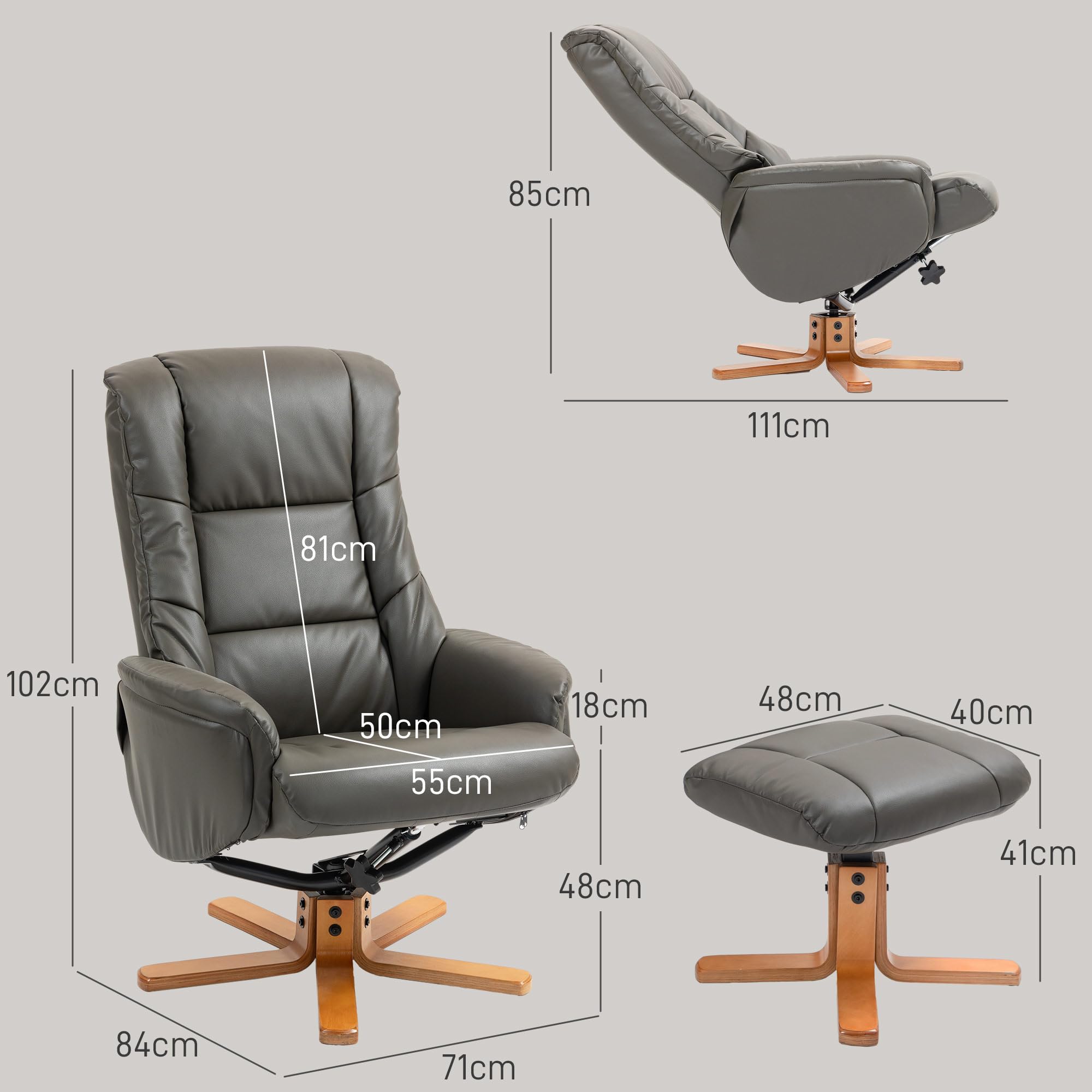 HOMCOM Fauteuil de relaxation avec repose-pied, fauteuil relax salon, dossier à bascule, fauteuil inclinable, assise rembourrée, revêtement synthétique, cadre en bois massif, design contemporain, gris