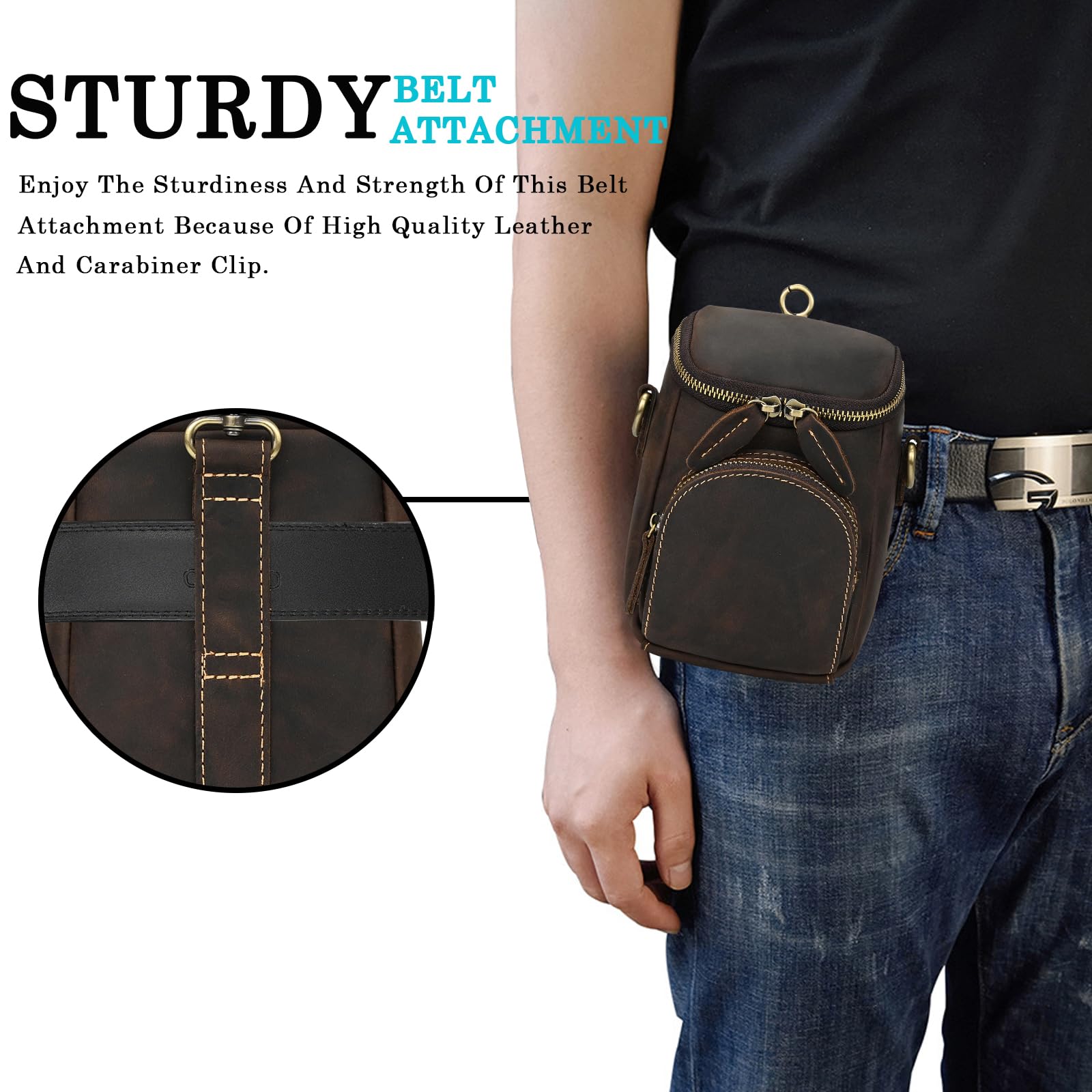 Mini Mens Genuine Leather Messenger Shoulder Bag Motorcycle Bike Riding Cycling Multi Waist Fanny Pack Small Leather Leg Bag for Wallet Coin Key iPhone 9391 Dark Brown - Image 4