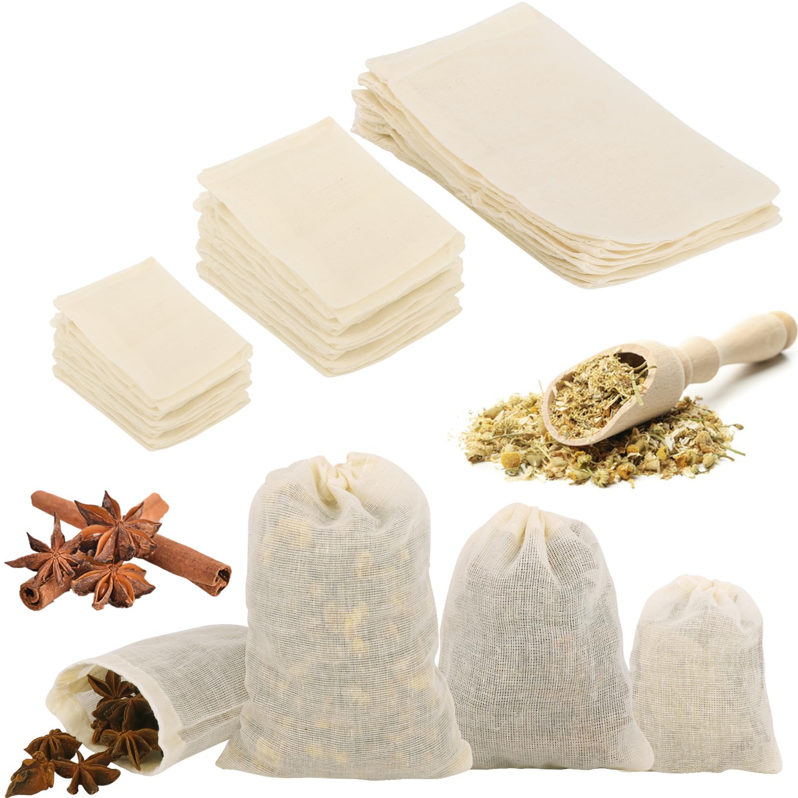 50Pcs Spice Bags for Cooking, Reusable Tea Bags, Cotton Muslin Drawstring Bags, Empty Bouquet Garni Bags for Cooking, Tea/Coffee Filtering, Spices, 6 x 8cm, 8 x 10cm,10 x 15cm(3 Sizes)