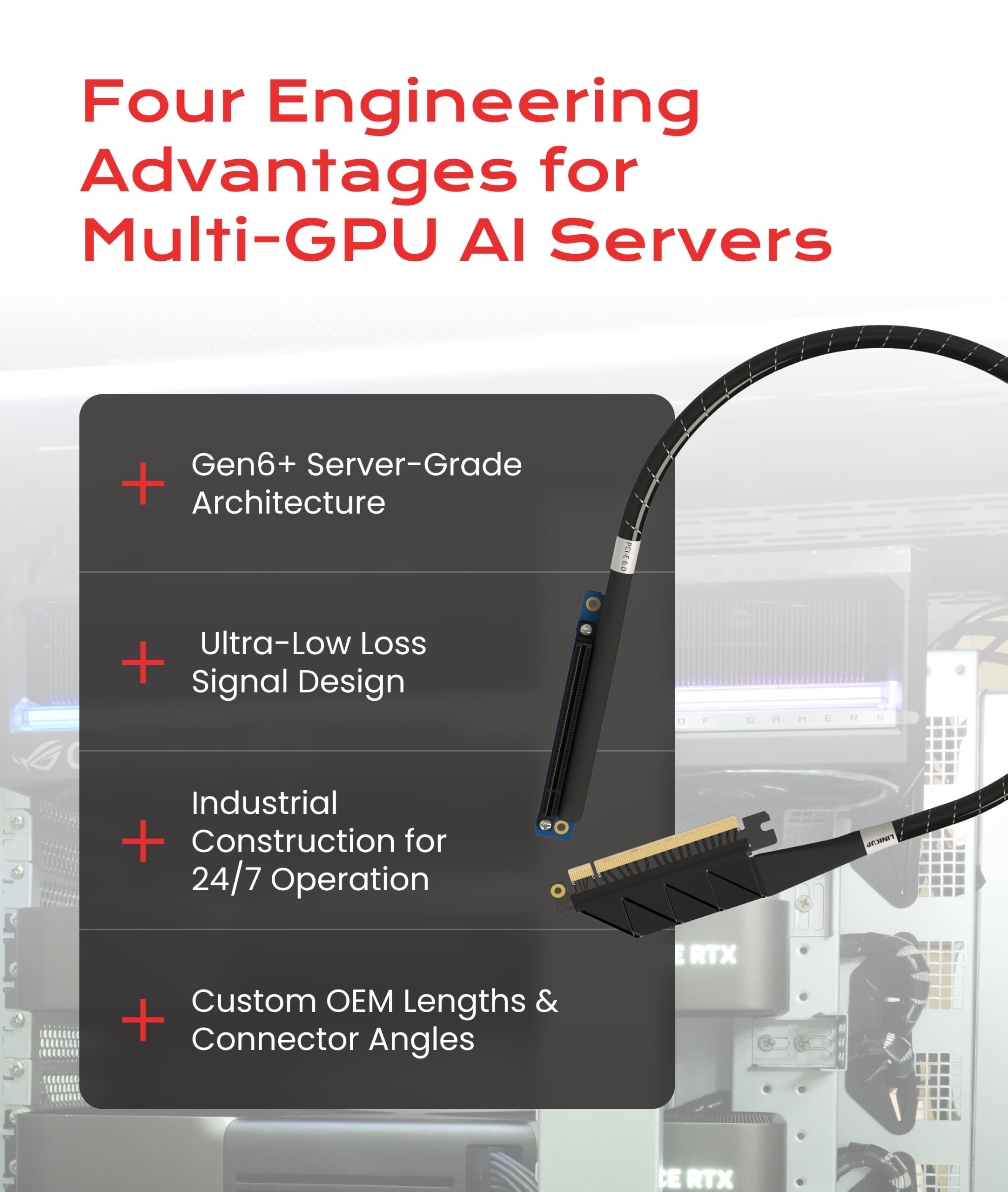 LINKUP Gen5+ PCIe Riser kabel do serwerów AI, 70 cm, czarny, zoptymalizowany pod kątem wielu GPU, bardzo niska strata, niestandardowa długość i opcje złącza, zaprojektowany dla 4-7 systemów GPU AI