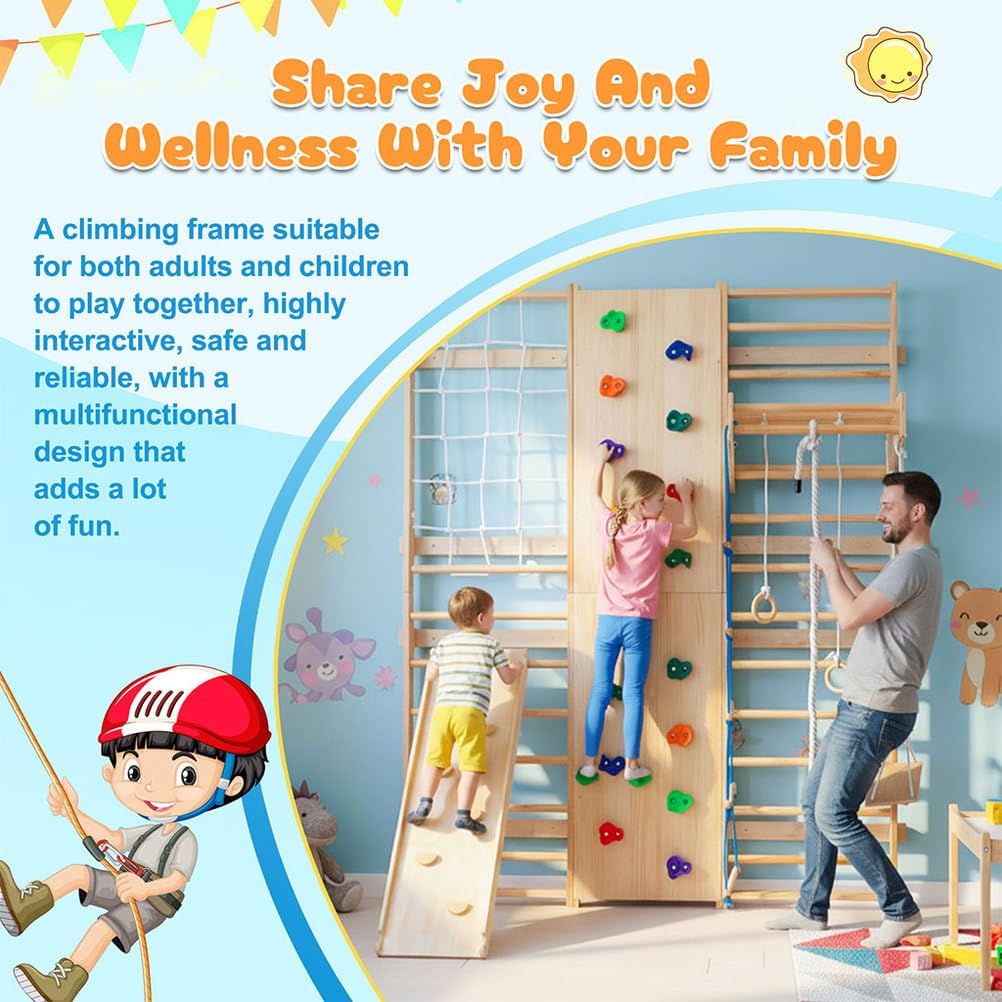 10-in-1 Swedish Ladder Wall Gym Set, Wooden Indoor Climbing Frame for Kids and Adults with Slide, Swing, Rock Climbing Wall, Gymnastic Rings, Rope Ladder, and Pull-Up Bar, Home Playground