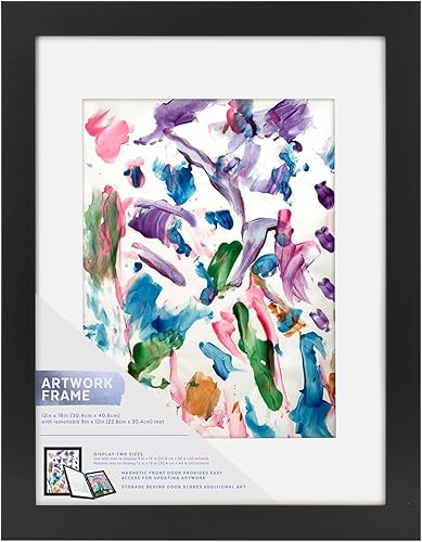 MCS Marco de obras de arte para niños, marco magnético intercambiable con almacenamiento para arte infantil, 12 x 16 pulgadas con paspartú de 9 x 12