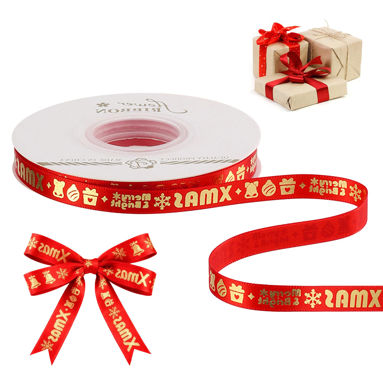 Christmas Ribbon for Gift Wrapping, Thick Fabric Silk Satin Floral Ribbons for Crafts (Colorful Christmas (Red)-1cm)
