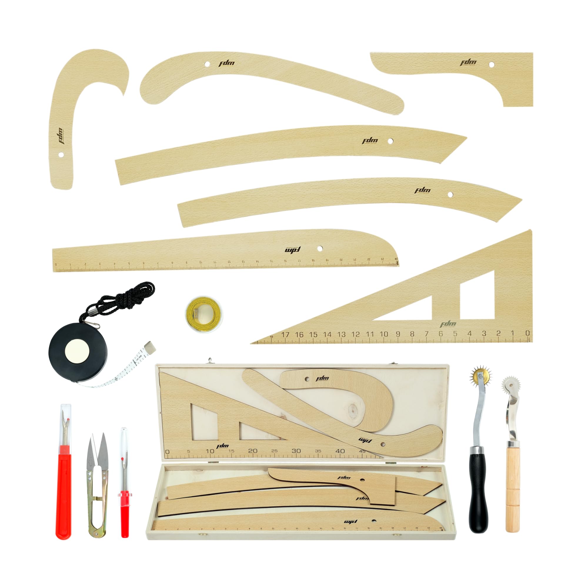 FDM 14 Piece Wooden Fashion Drawing Ruler Curved and Straight Ruler Models for Tailors, modelists, Designers and Pattern Makers Textile Wooden Riga Ruler Miter Set with Special (14 Pcs)