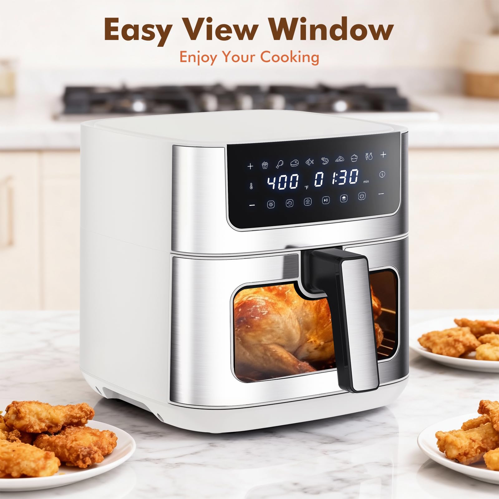 OLIXIS 6.34QT Air Fryer with Window, 8 Food Presets with 400°F Max Heat, 90-Min Timer, Nonstick Dishwasher-Safe Basket for Air Fry, Roast, Reheat, Bake, Stainless Steel, White view 8