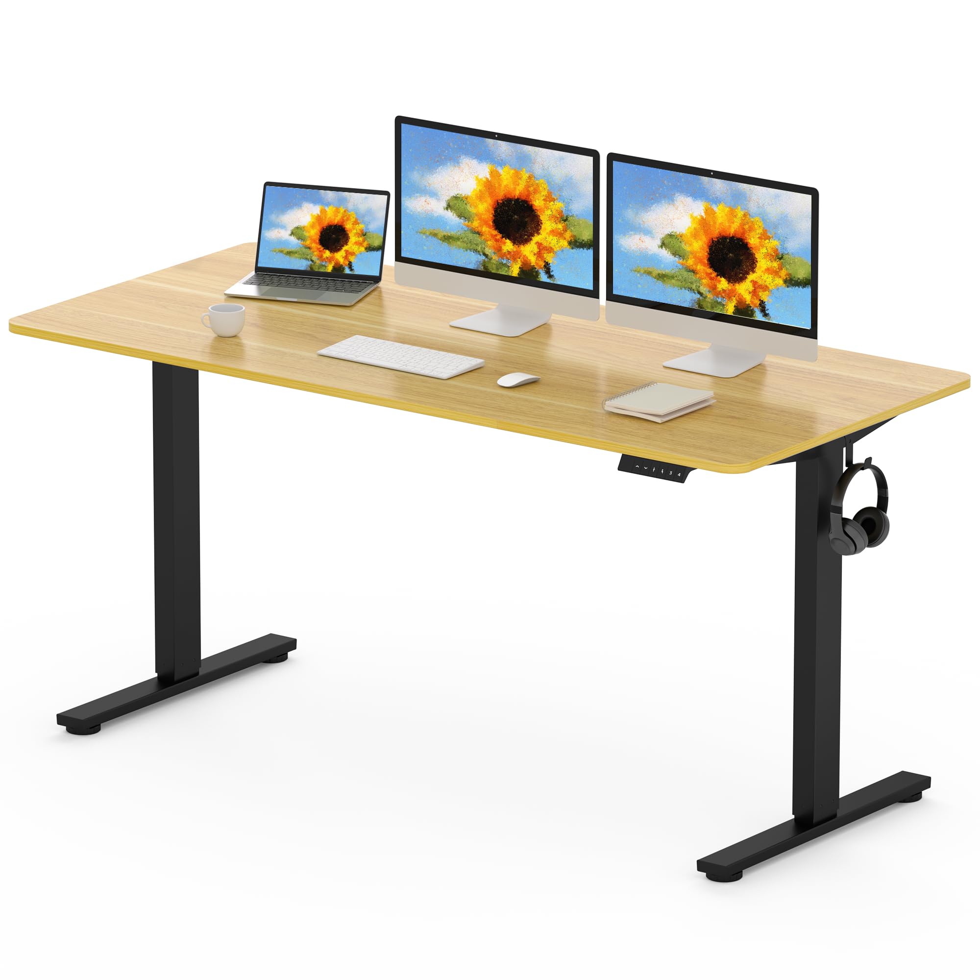 FLEXISPOT 160 x 80cm Electric Standing Desk ONE PIECE Height Adjustable Desk Sit Stand Desk with 4 Memory Smart Panel and Backpack Hook for Home Office, (Black Frame+Maple Desktop)