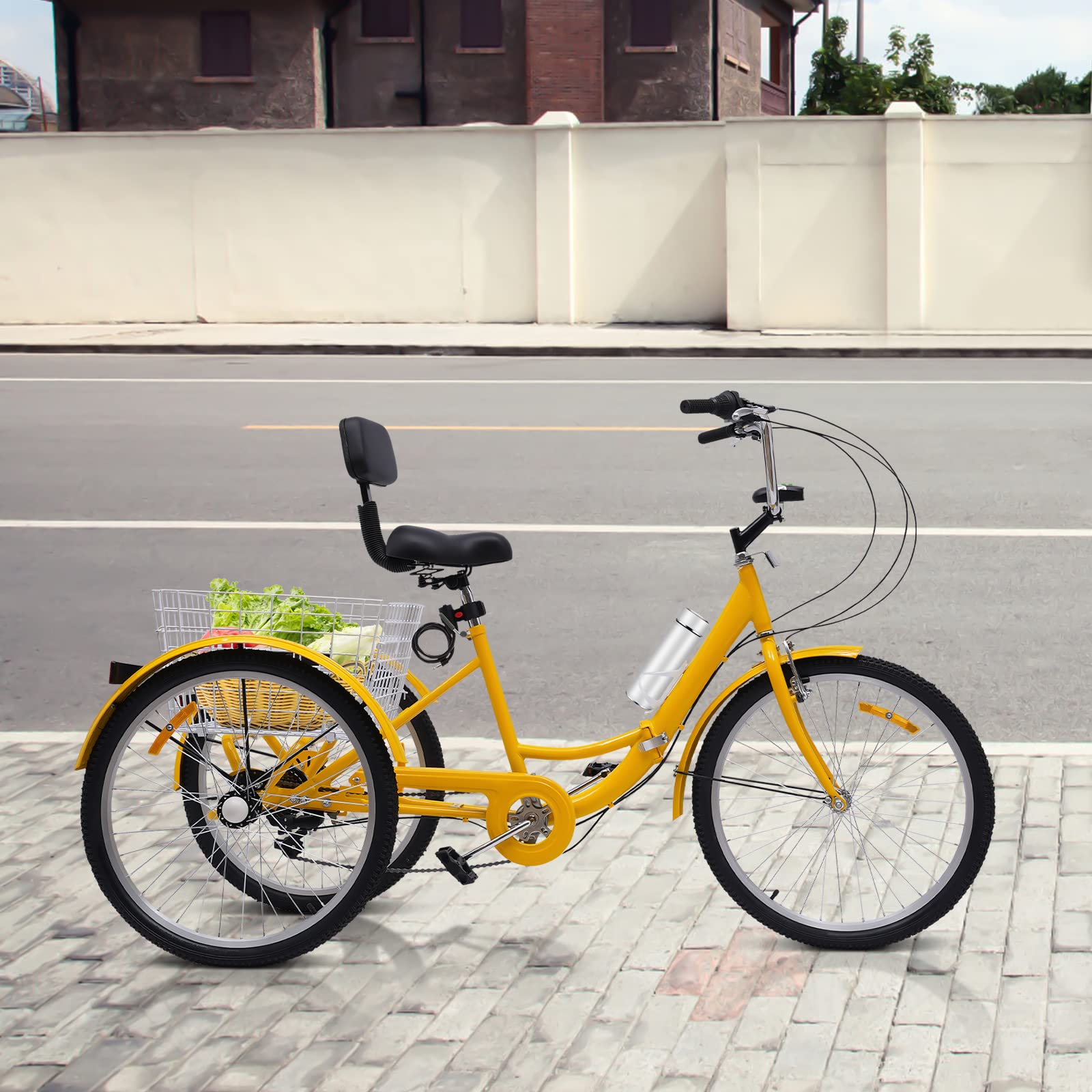 Tricycle pour adultes 24", 3 roues, pliant, à 7 vitesses, avec panier de courses pour adultes, personnes âgées, femmes, couleur jaune, sport en plein air