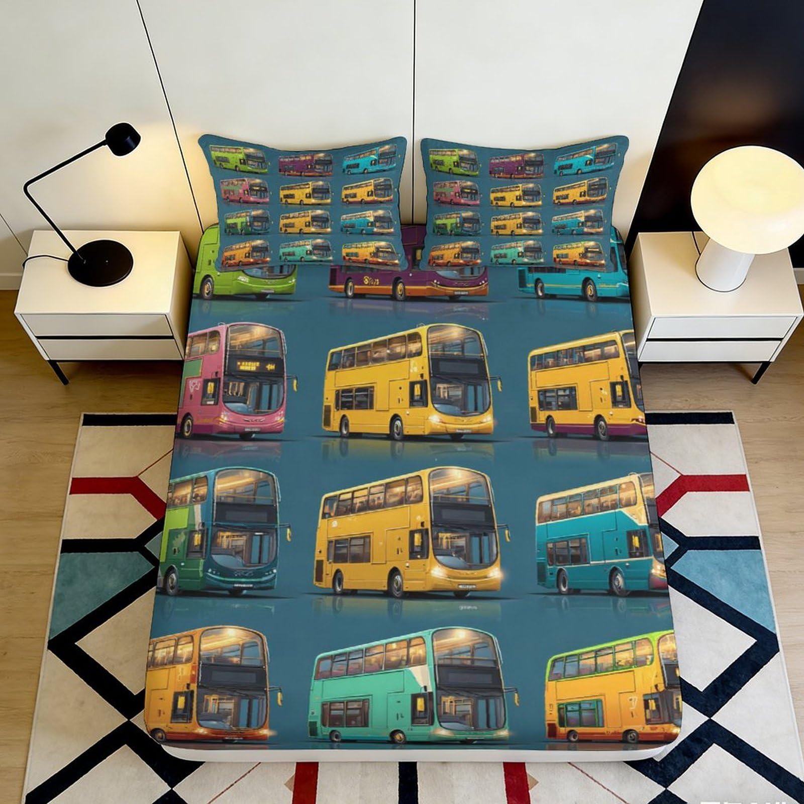 Jqzkxnhpbr Style-4 3D Printed Colorful Bus Fitted Sheet Microfiber Soft Mattress Cover For Bedroom Guest Room Dorm Decor Easy Care 90X200x25cm