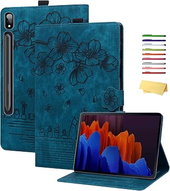 for Samsung Galaxy Tab S7 FE 5G 2021/S8 Plus 2022/S7 Plus 2020 Tablet Case 12.4 inch with Stand/S Pen Holder/Pockets [Auto Sleep/Wake] Cover for Tab S7 FE/S8+/S7+, Cherry Blossom Blue Cat