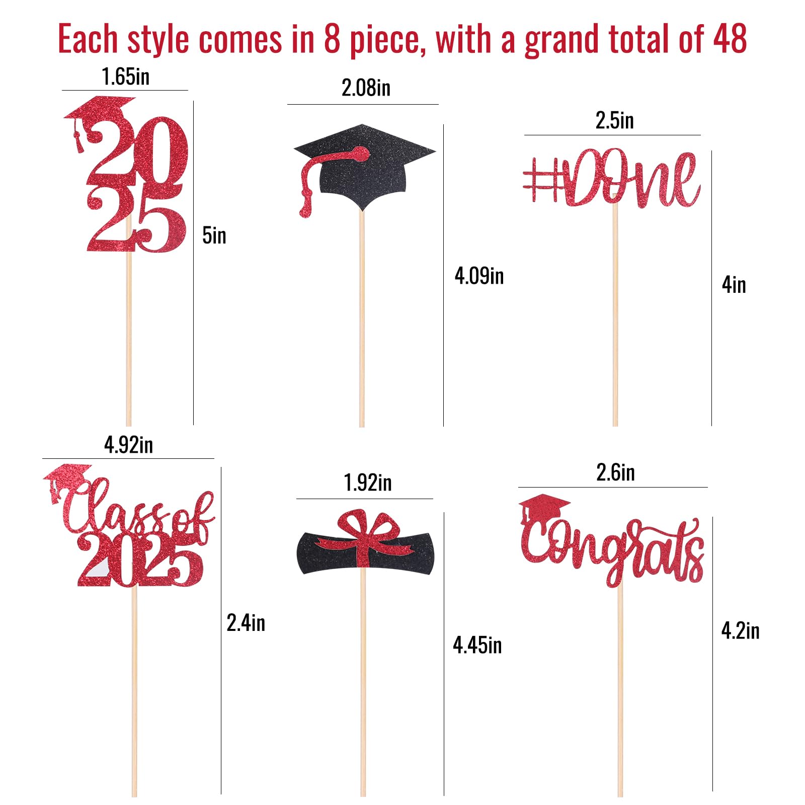 STARSIDE Graduation Cake Toppers – 48 Pack, Red & Black, 2025 Grad Cupcake Toppers & Cake Decorations - View #9
