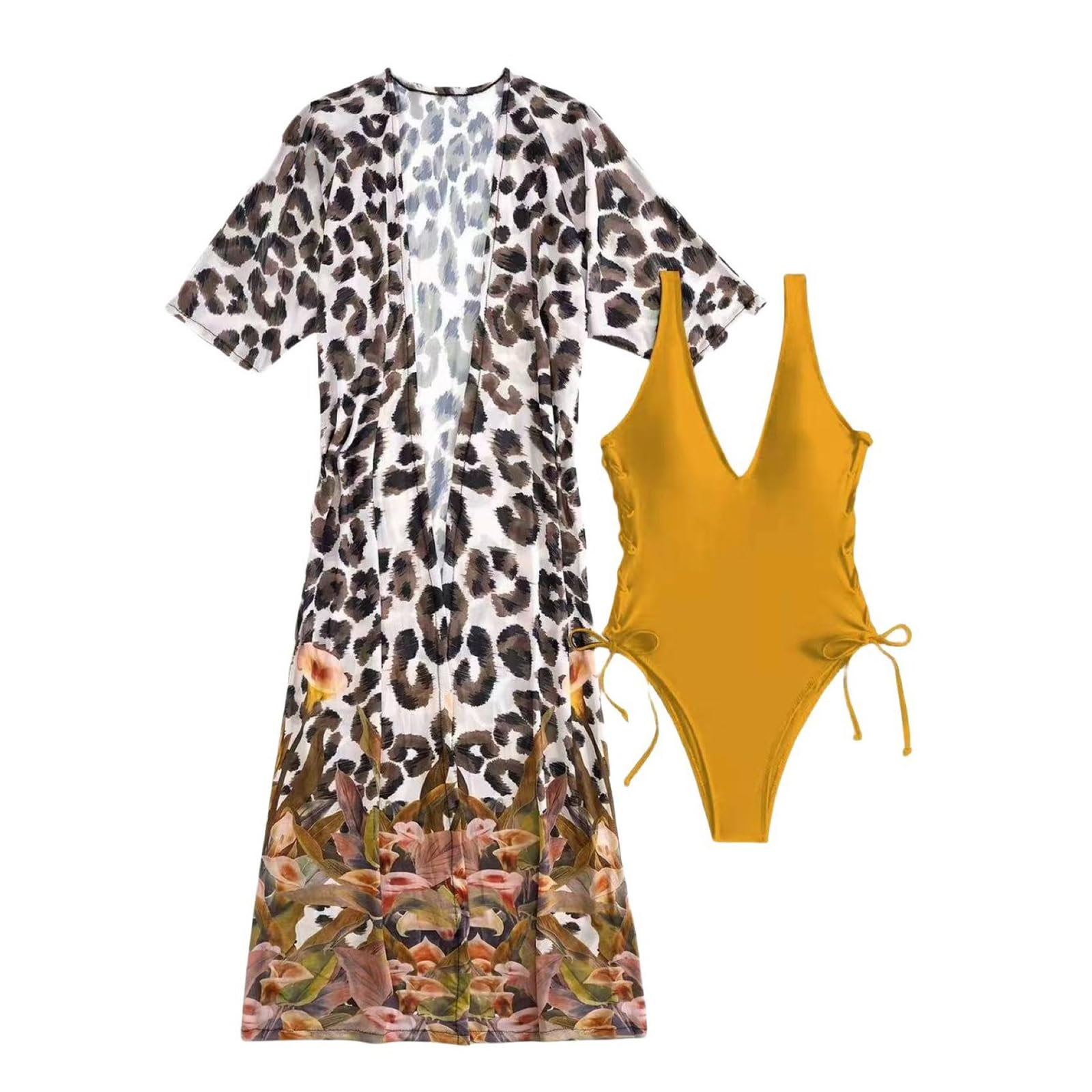 Dwuczęściowy Damski Zestaw Bikini Seksowny Jednoczęściowy Kostium KąPielowy z Dekoltem w Serek I Sznurowaniem z Boku Oraz Narzutką Kimono w Panterkę