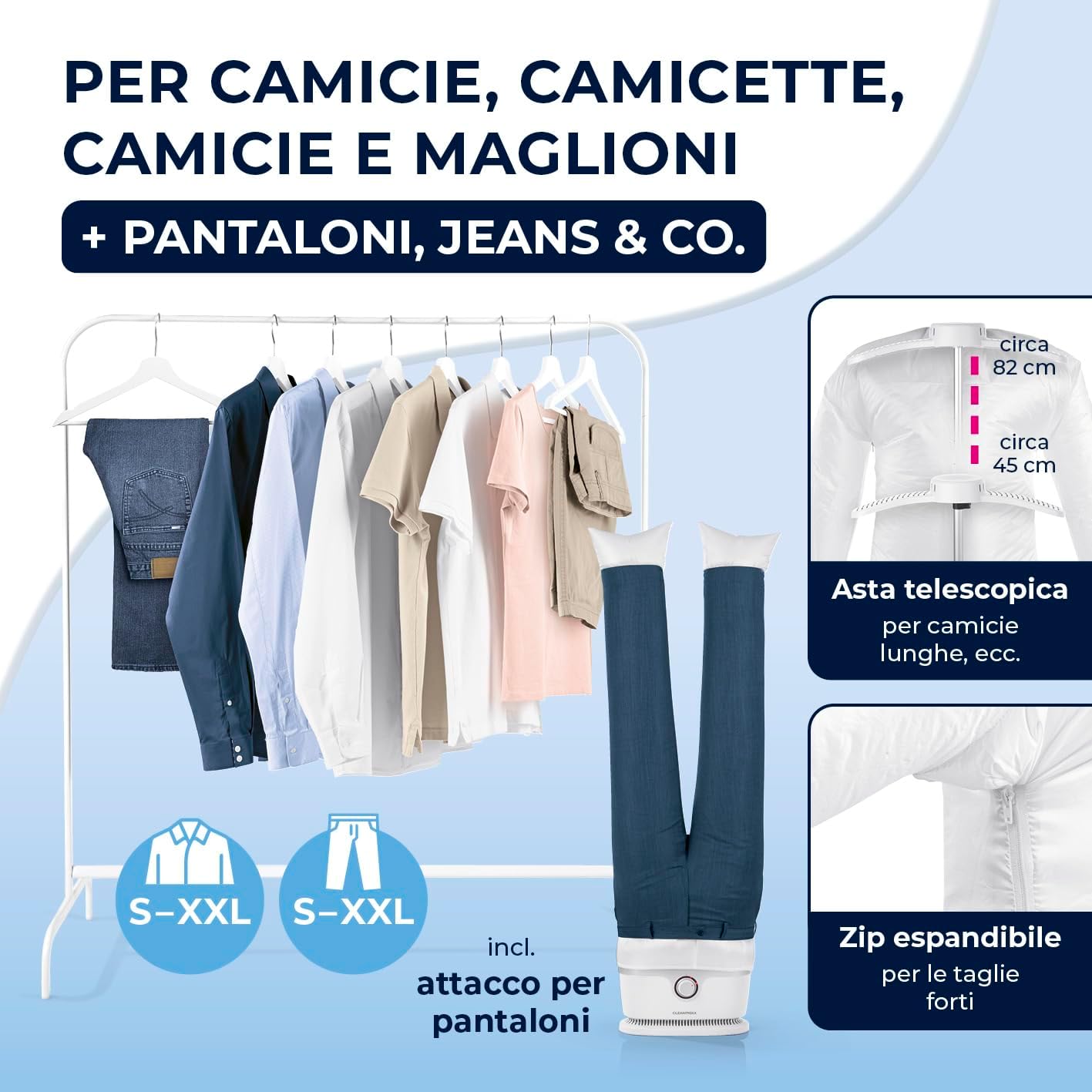 CLEANmaxx Shirt Ironing Machine with telescopic rod and expandable zipper