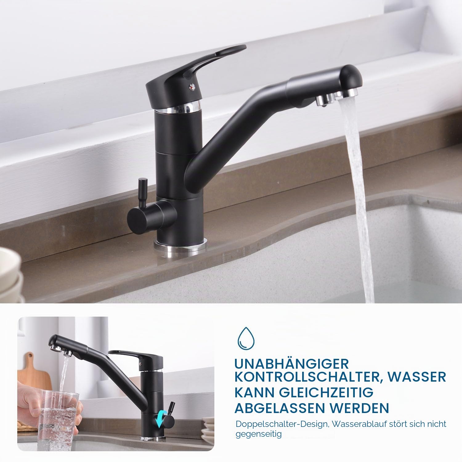 3-Wege-Küchenarmatur, 360° drehbarer Küchenarmatur, Spültischarmatur mit flexiblem Auslauf, G3/8 Zoll (Dreifach-Anschluss-Wasserhahn mit Wasserfilter, Schwarz)