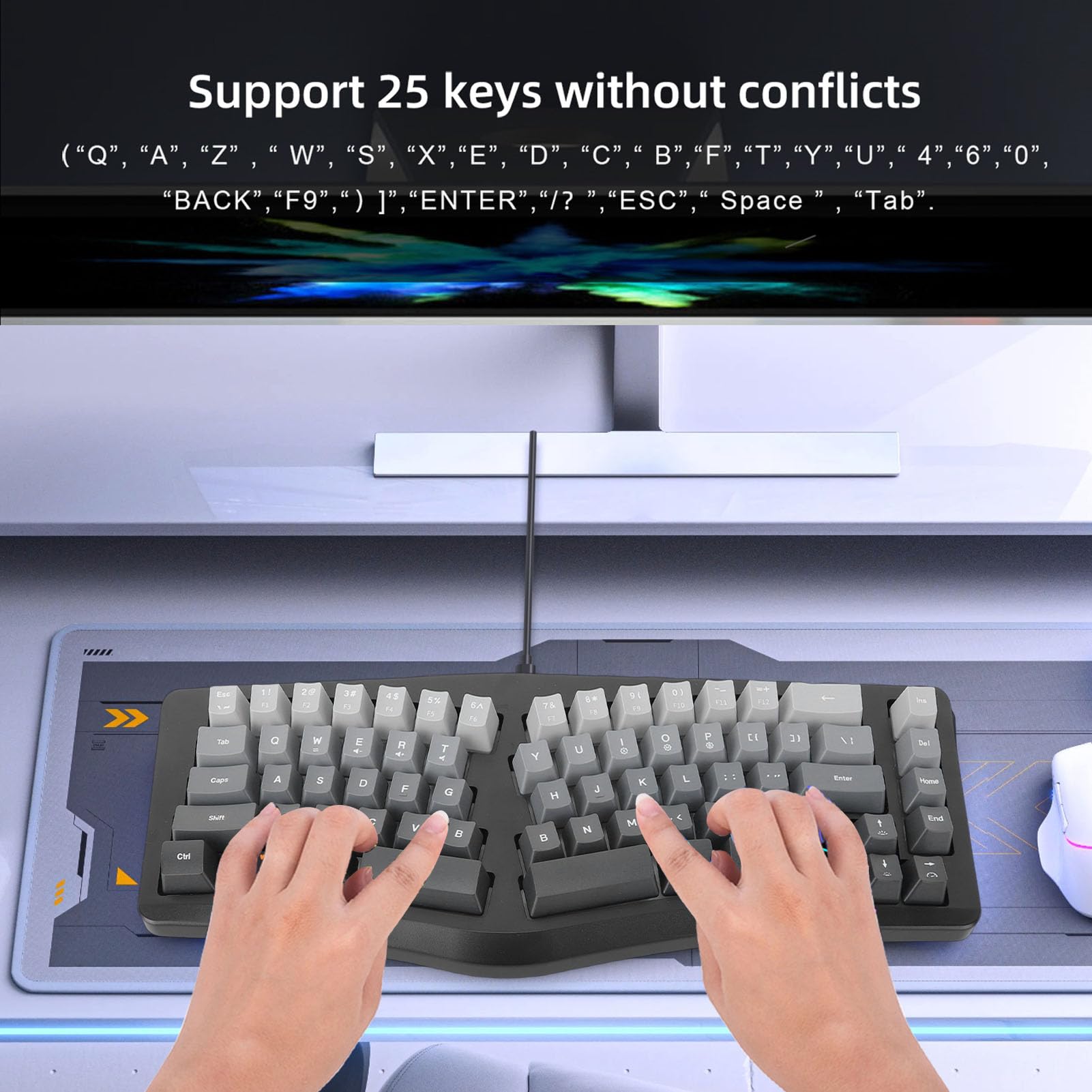 Zunate Tastiera USB Ergonomica Cablata, 69 Tasti Retroilluminati RGB Tipo C PC Tasti Ondulati Rimovibili La Tastiera Divisa da Gioco Supporta 25 Tasti Senza Conflitti Compatta per