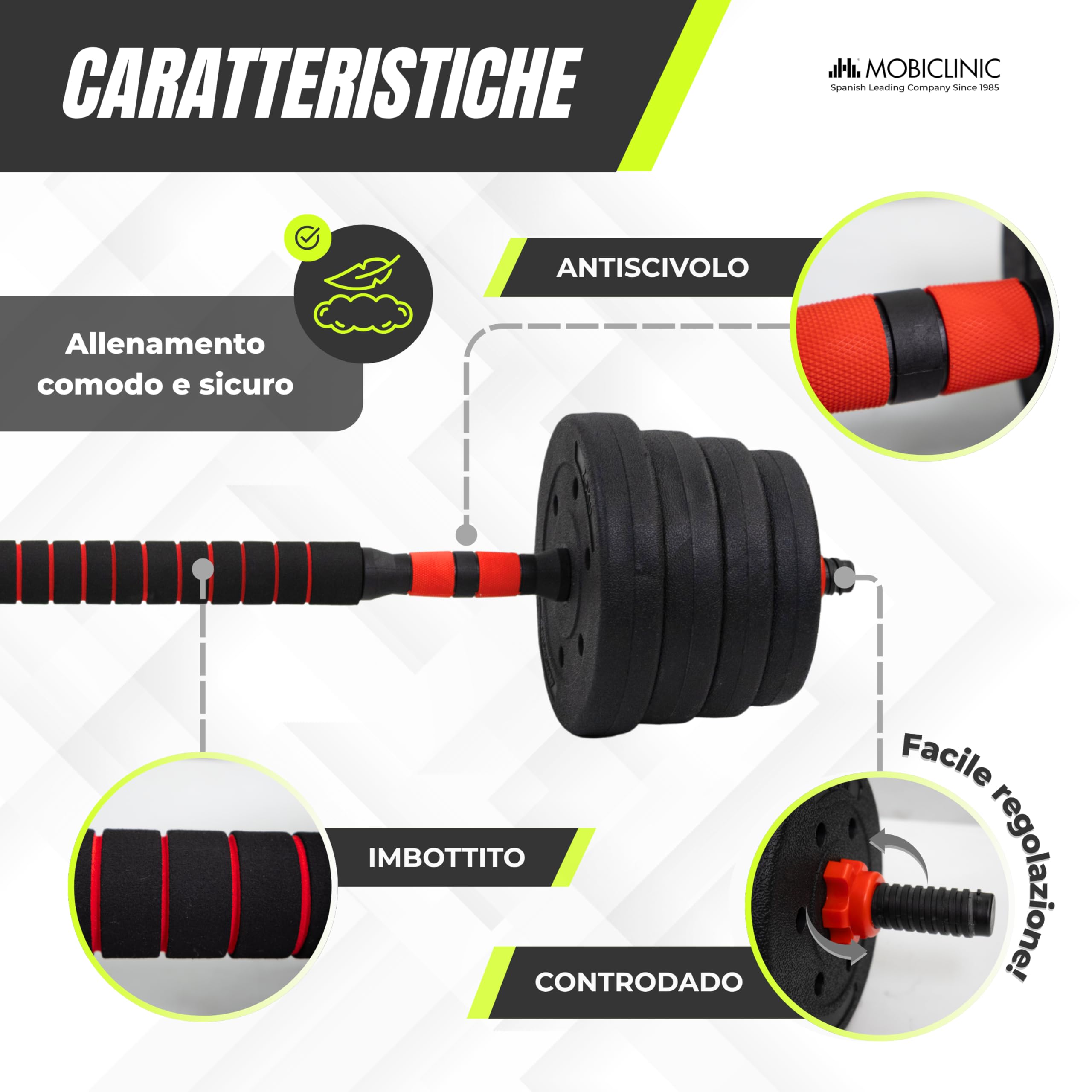 Mobiclinic®, Manubri regolabili 30 kg, 2 in 1, Set di Pesi, Manubri, Barra di Collegamento, Portatile, Impugnatura Antiscivolo, Maxifit, Palestra Domestica, Fitness