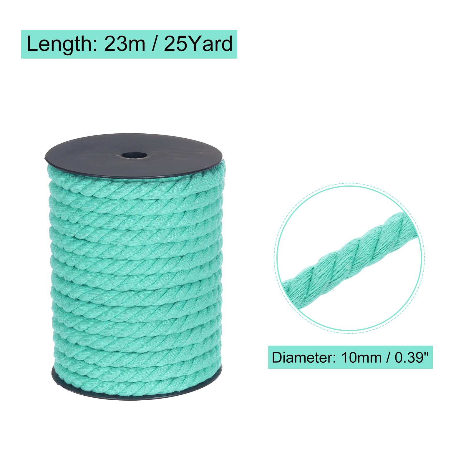 MECCANIXITY Cotton Rope 3 Strand Twisted Braided Rope Cord, Water Green 10mm x 75ft Craft Rope Cord Cotton for Wall Hanging, Plant Hanger, Knitting, Macrame Knotting