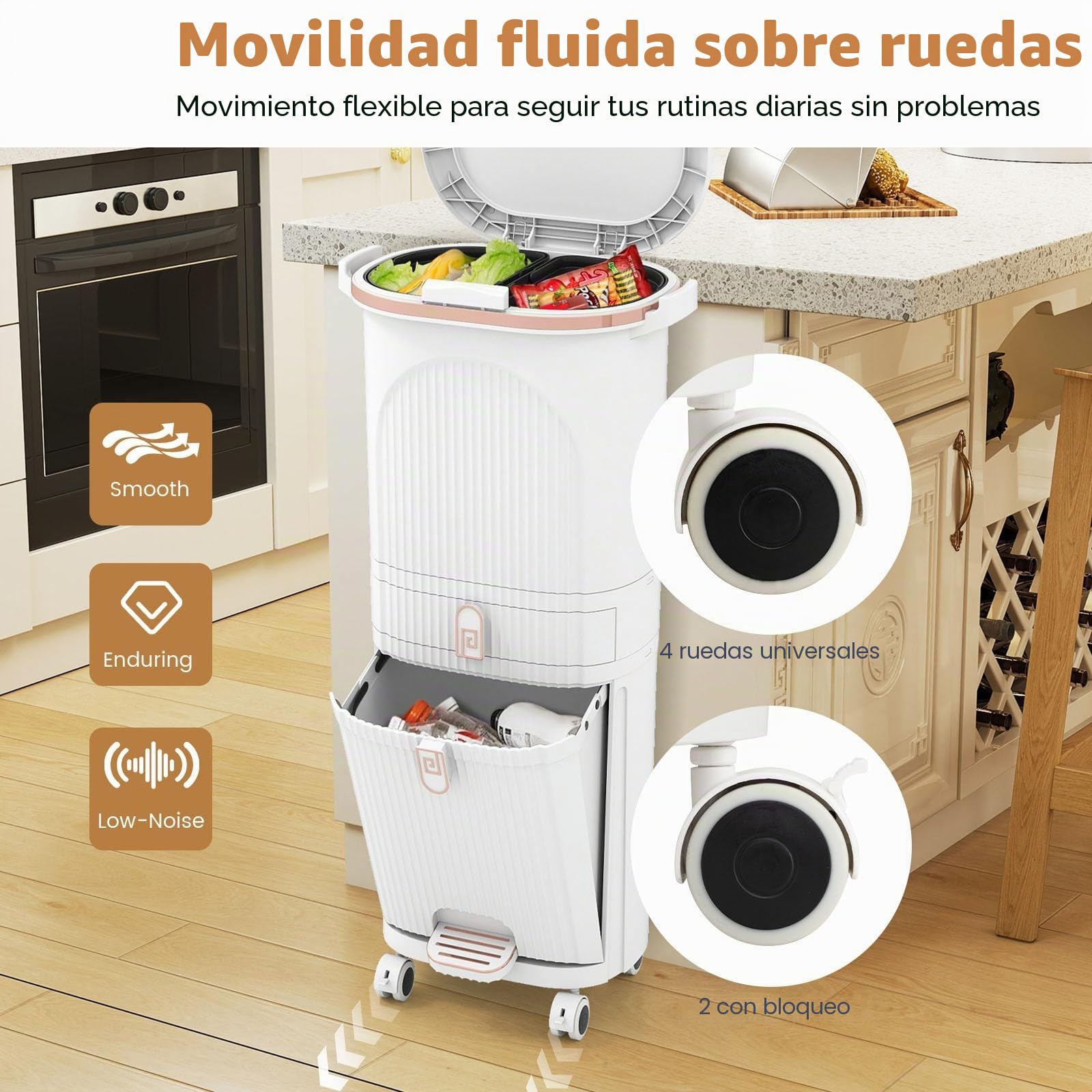 LIFEZEAL 38L / 42L Cubo de basura con ruedas, papelera con 3 compartimentos y tapa, cubo de basura con pedal y asa, contenedor de basura para cocina, sala de estar y oficina (42L, Blanco)