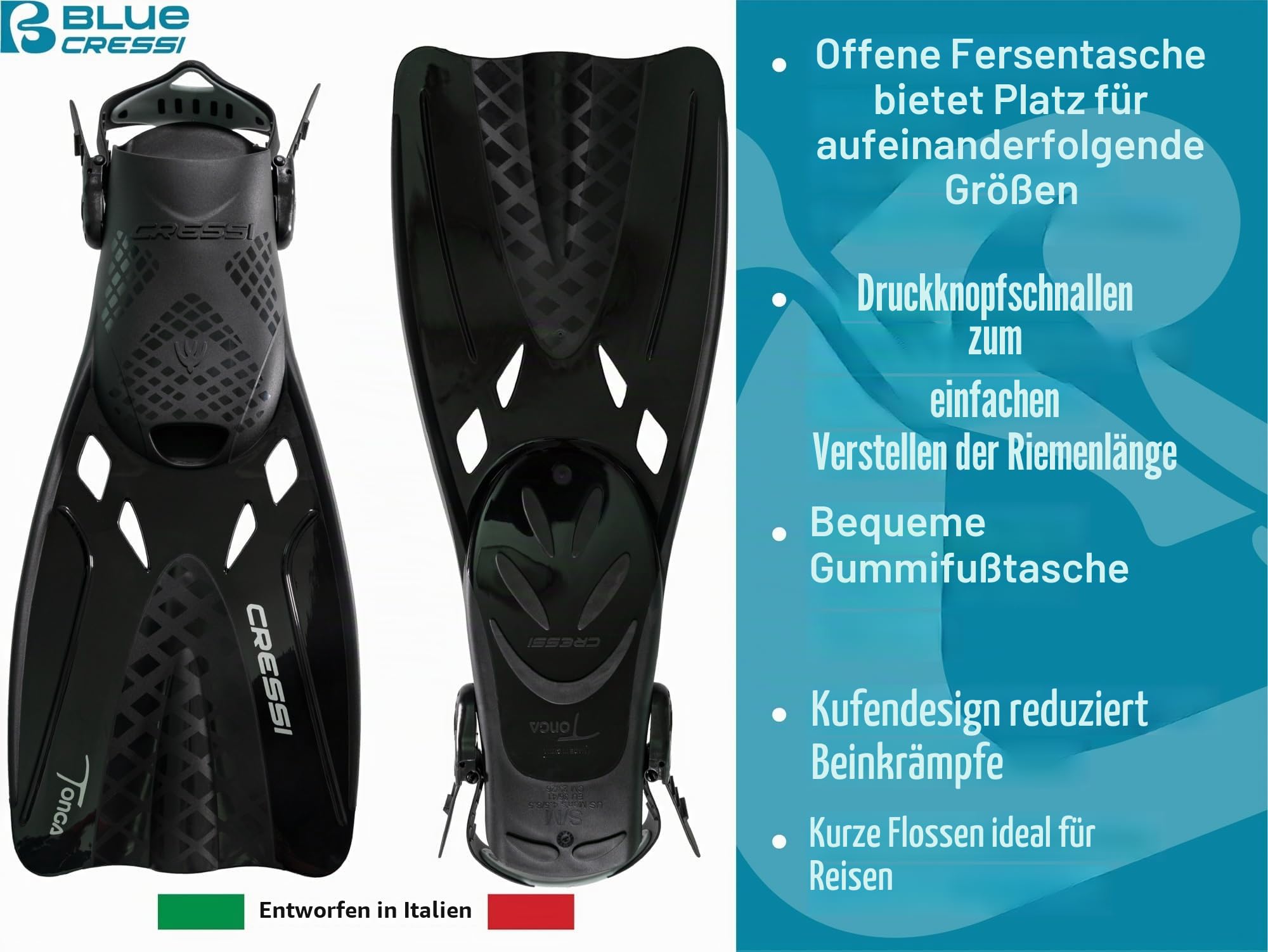 CRESSI Tonga Fins/Set - Leichte Verstellbare Kurze Flossen oder Set Kurze Flossen + Vollgesichtsmaske Baron mit breitem Sichtfeld , perfekt zum Schnorcheln, Schwimmen, Erwachsene