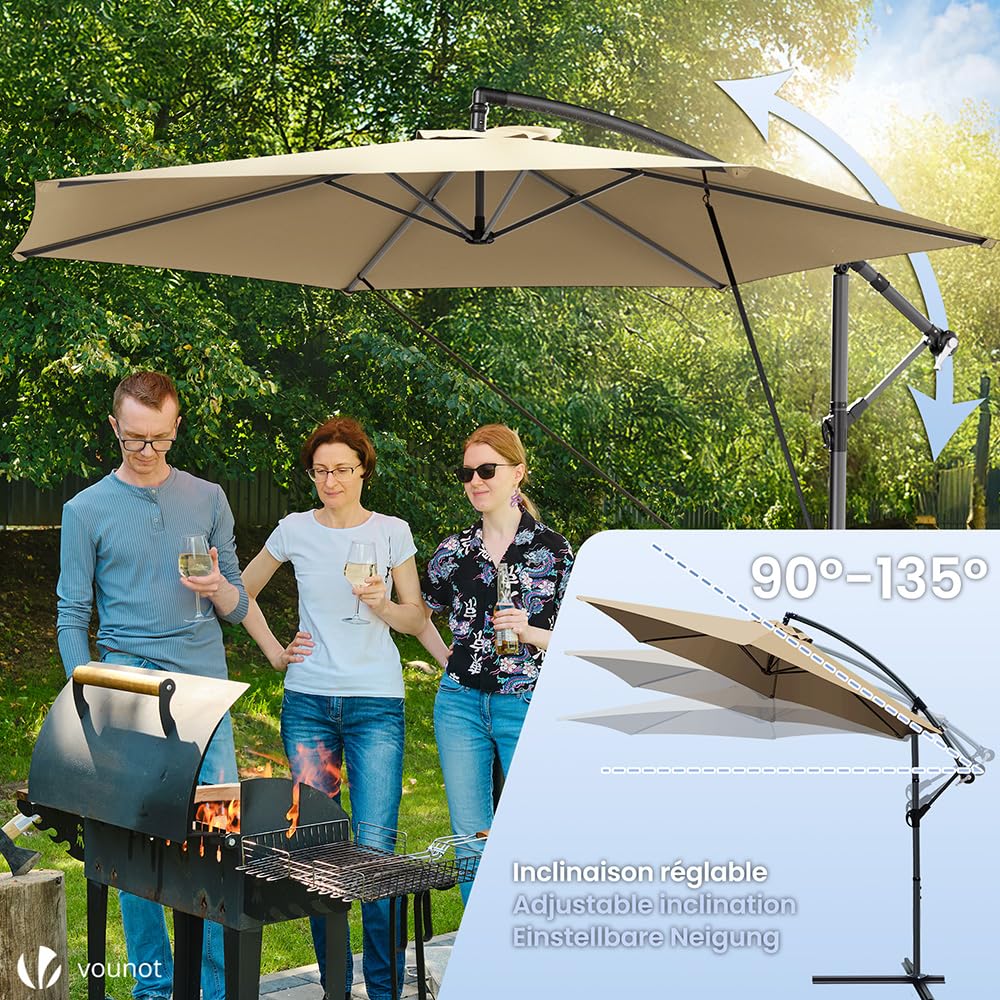 VOUNOT Ombrellone da Giardino Decentrato 3M con Base a Croce e Cinghia Antivento Protezione UV Cachi
