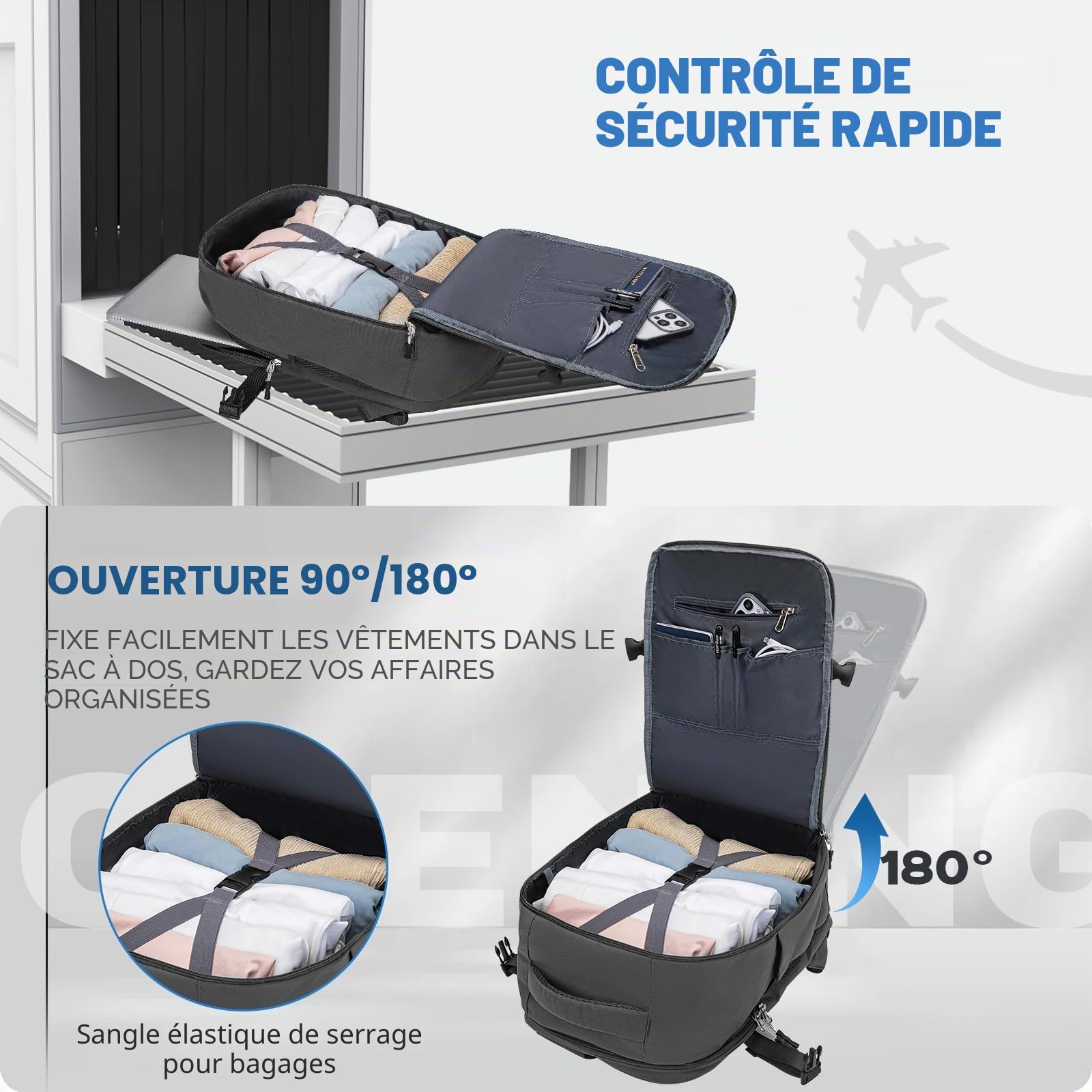 Xkdoai Sac a Dos Voyage Cabine Avion 40x30x20 pour Ryanair Sac de Voyage pour 40x30x20 Avion avec Pochette Antivol Porte-Bouteille Orifice de Chargement USB Imperméable