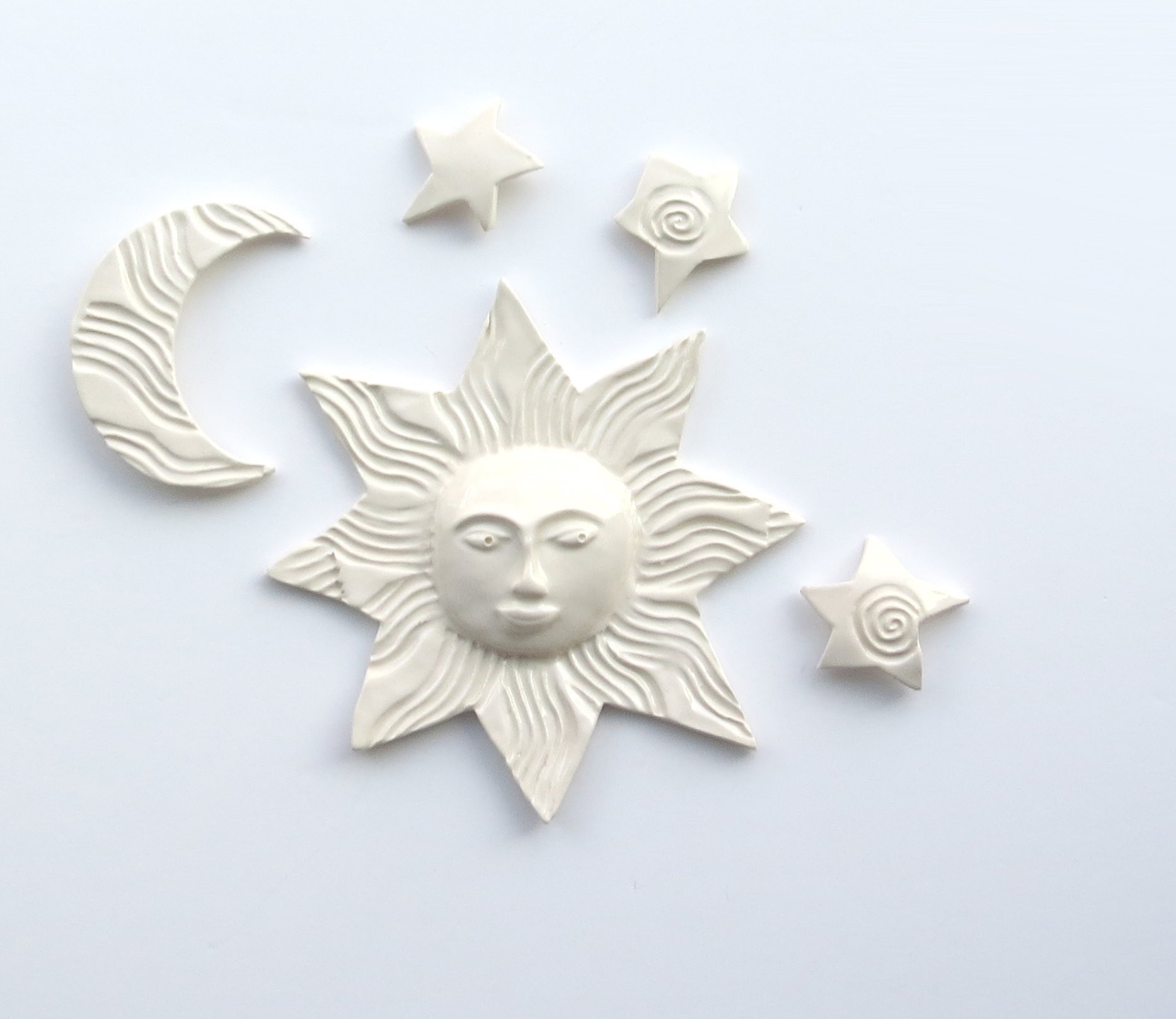 Sun moon and 3 stars ceramic wall sculpture by Cosmic Mermaid -clear glaze