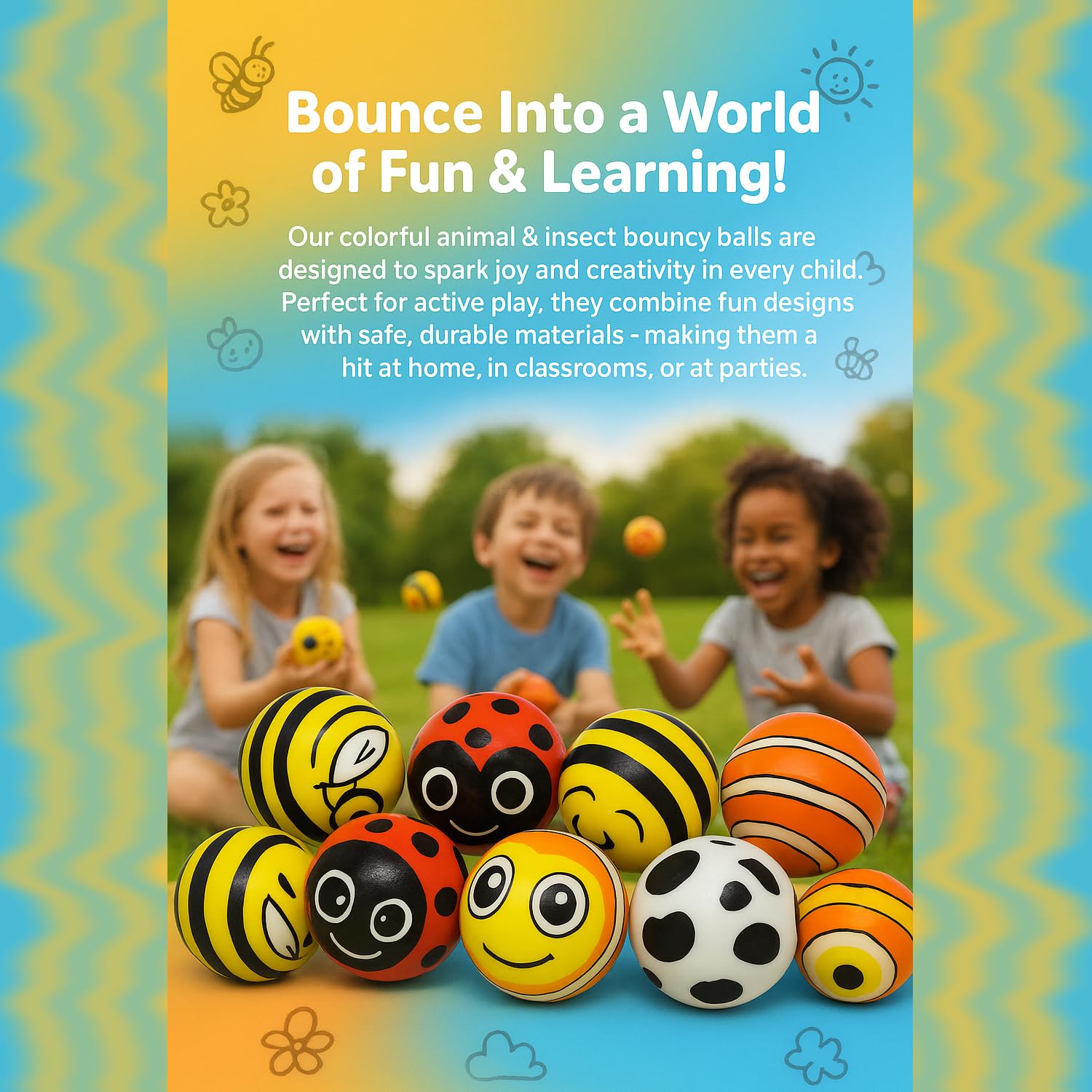 Asera 12 Pcs Colourful Animal Insect Design Soft Sponge Balls for Kids –Stress Relief Fun Indoor Outdoor Play Birthday Return Gift - Image 2 thumbnail