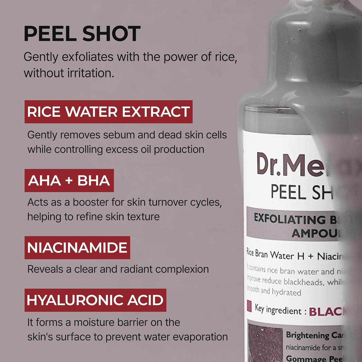 Dr.Melaxin Peel Shot Glow Black Rice Peeling Ampoule 80ml, Dead Skin Gentle Exfoliating Ampoule with Rice Water Extract, AHA BHA, Niacinamide, Daily Skin Texture Care, All Skin Types, Korean Skincare - Image 4