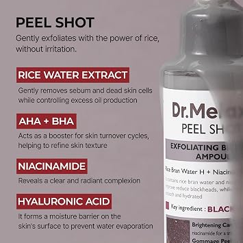 Dr.Melaxin Peel Shot Exfoliating Black Rice Ampoule 2.7 fl.oz - Rice Water AHA BHA Niacinamide Serum for Dead Skin Cells, Blackheads and Pores, Glass Skin Glow, Korean Skin Care Exfoliant