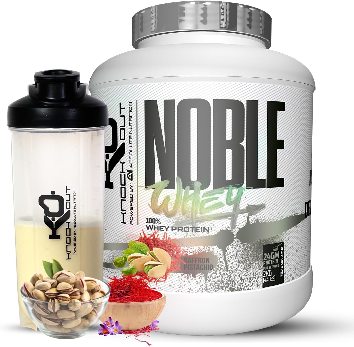 ABSOLUTE NUTRITION Knockout |Noble Whey Protein|24g Protein | BCAA|Tyrosine |Arginine|Proline| Muscle building | Endurance |Digestive Enzymes |Saffron pistachio 2Kg with Free Shaker