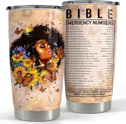 SANDJEST Regalo cristiano para mujer, vaso cristiano bíblico de 20 onzas, vasos aislados de acero inoxidable, taza de café para mujer negra, regalos