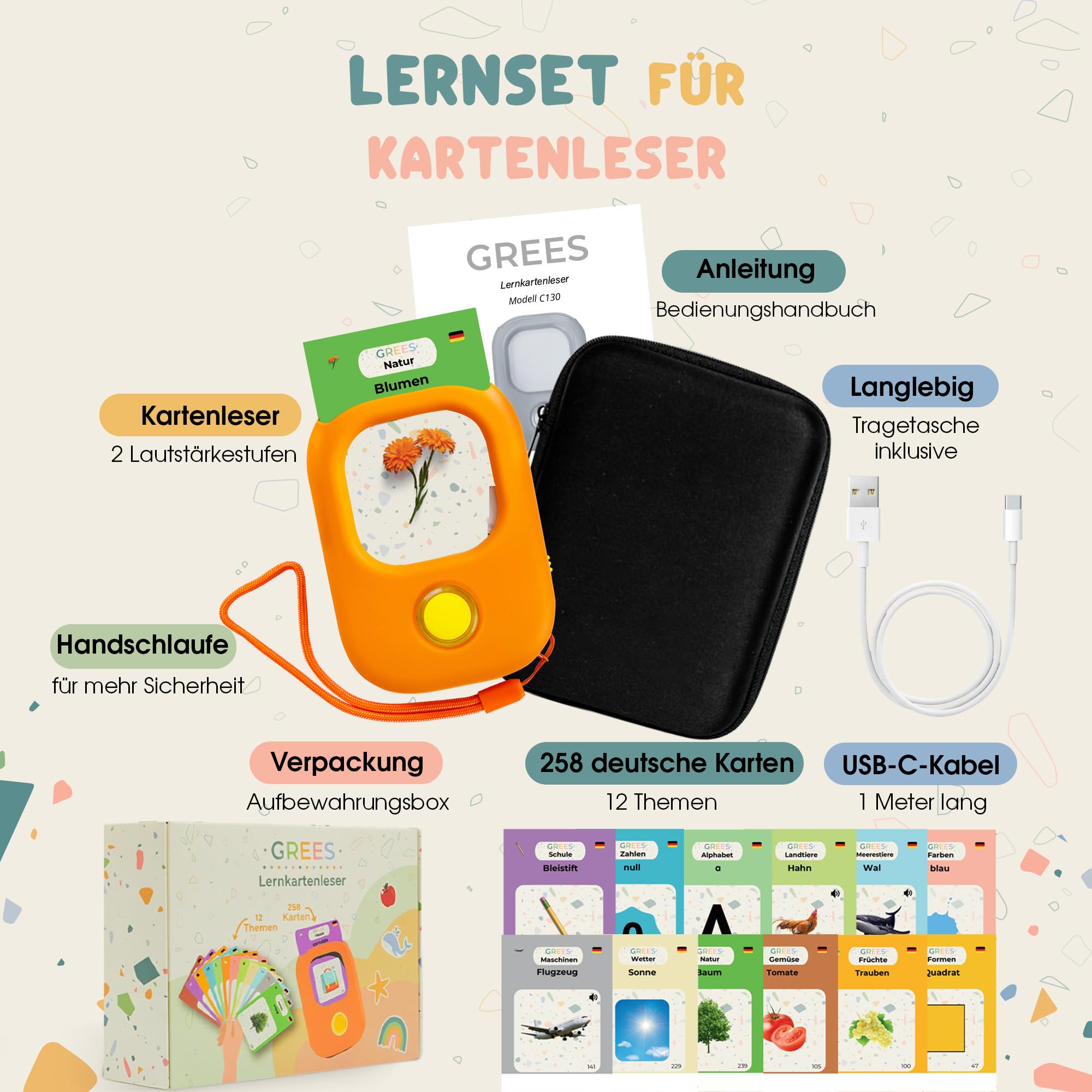 GREES Sprechende Lernkarten Deutsch mit Tragetasche – 258 Wörter mit klarer Studio-Stimme, 12 Themen, Montessori-Lernspielzeug ohne Bildschirm für Kinder 2–6 Jahre, Sprachförderung und Wortschatz