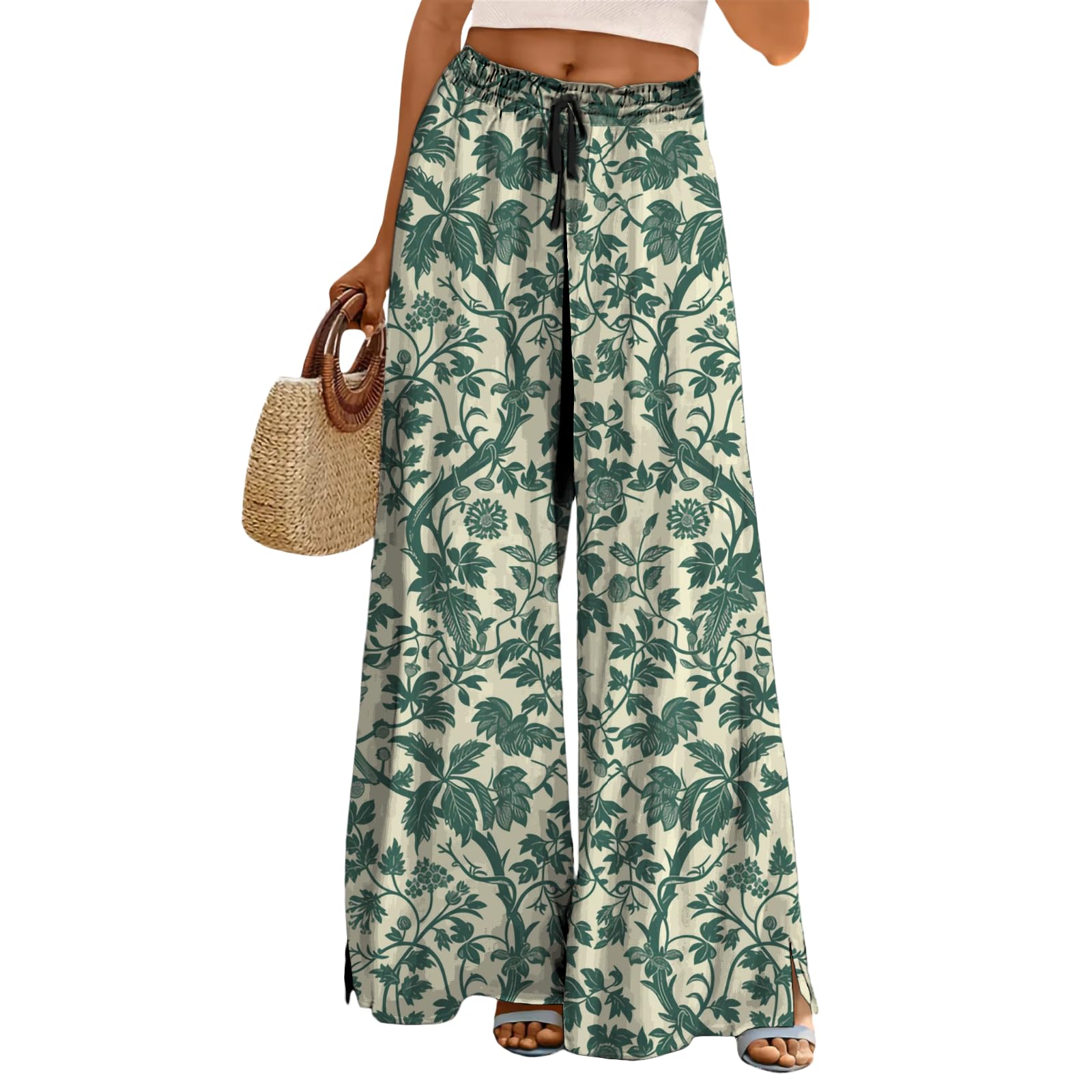 MARSVOVO Women Boho Pants Summer High Waist with Drawstring Hawaiian Vacation Travel Casual Trendy Ankle-Length Trousers