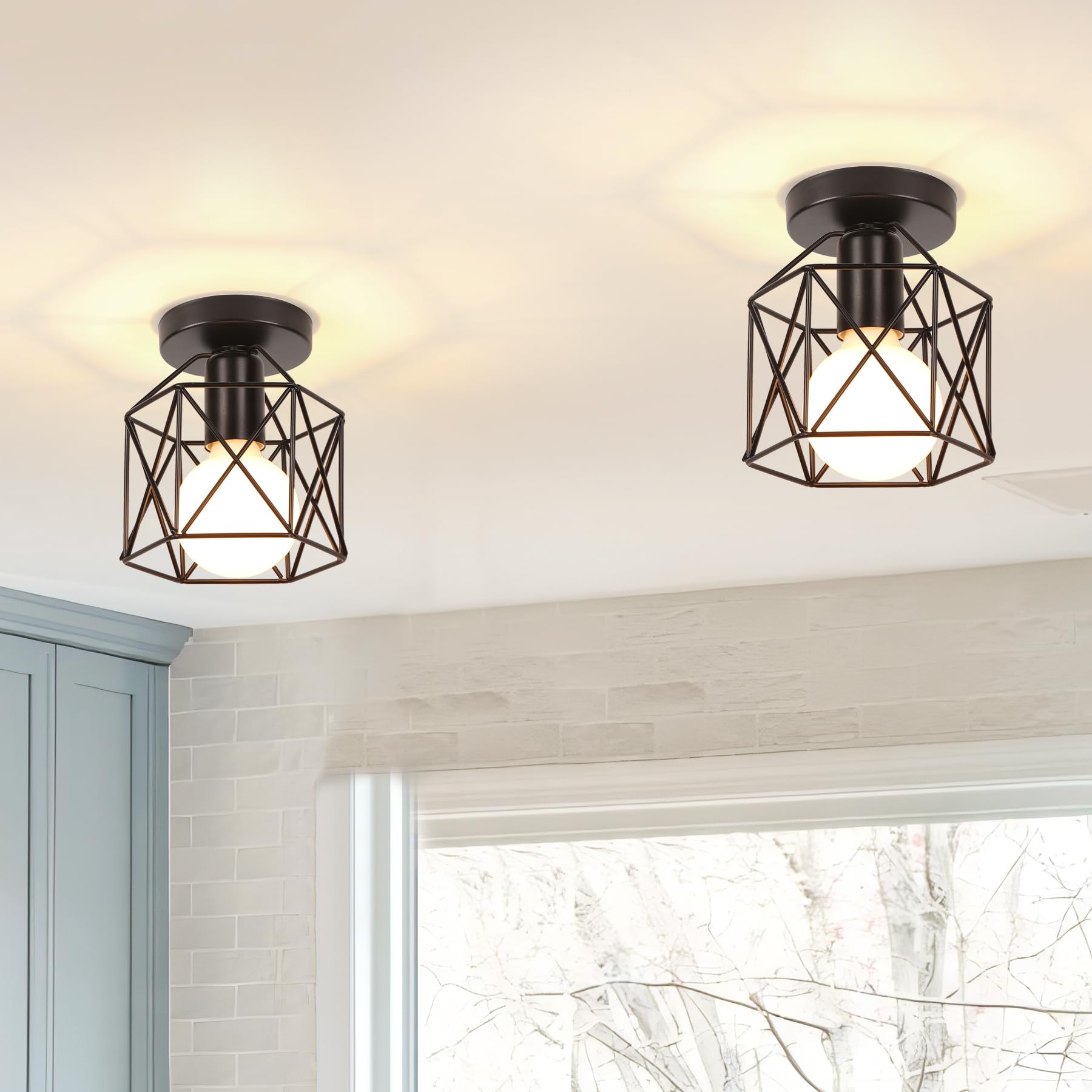 Idegu # 2 Pcs 15Cm Hexagon, Black Set Of 2 Industrial Ceiling Lights Black Metal Cage Ceiling Lamp Shade E27 40W Black For Living Room Bedroom Hallway